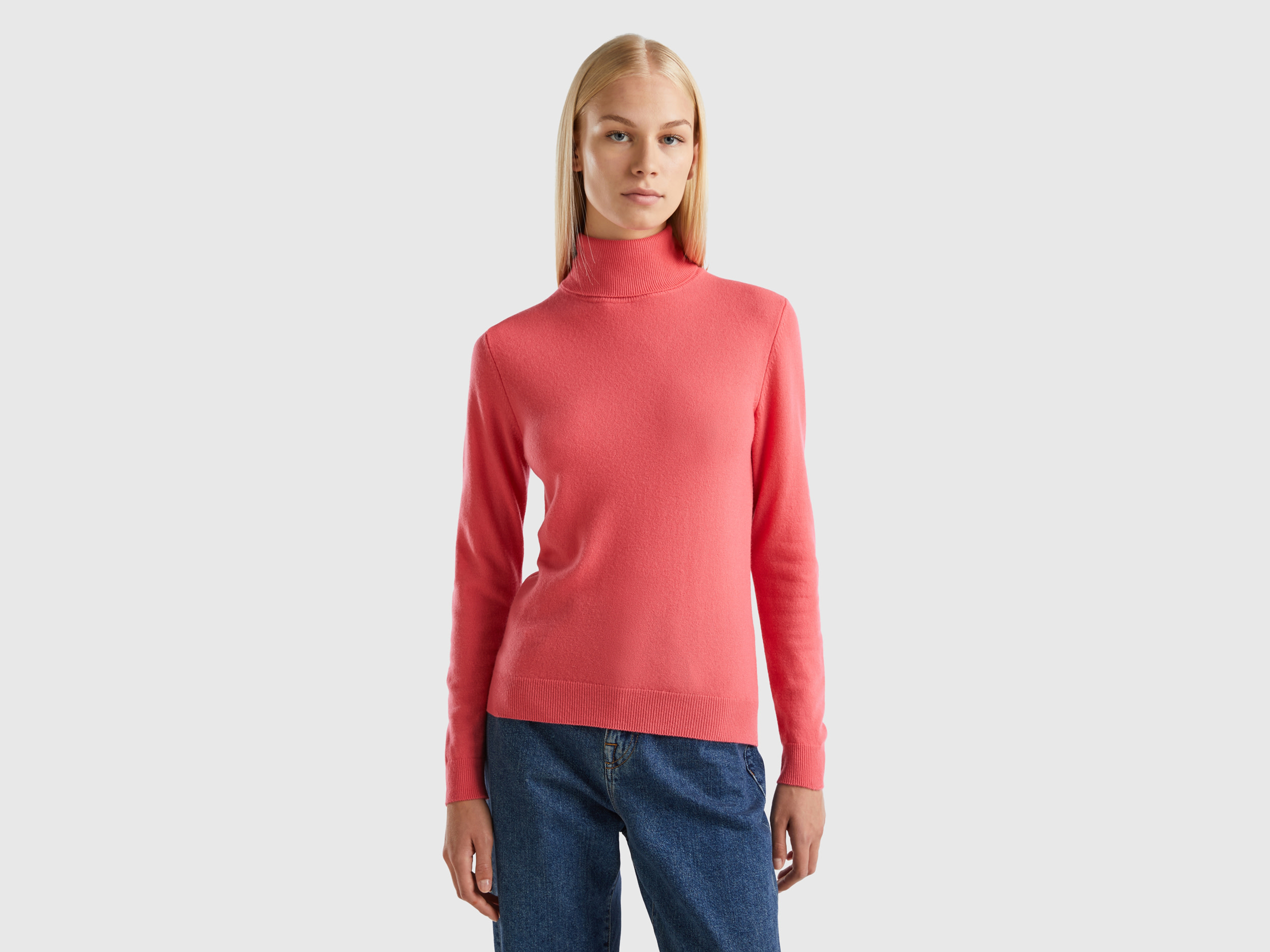 Benetton, Strawberry Red Turtleneck In Pure Merino Wool, size M, Strawberry, Women