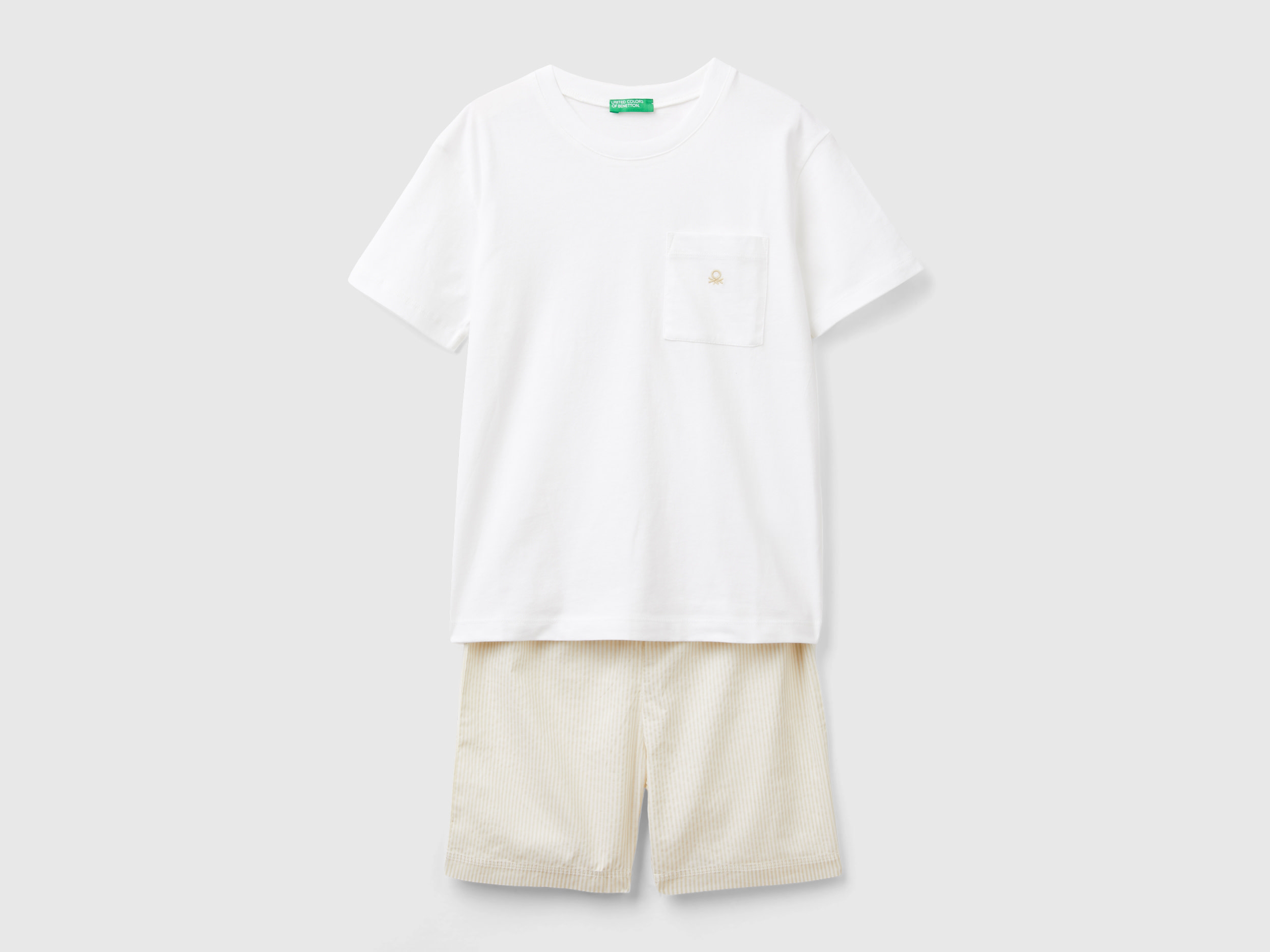 Benetton, Pigiama Con Shorts A Righe, Bianco, Bambini