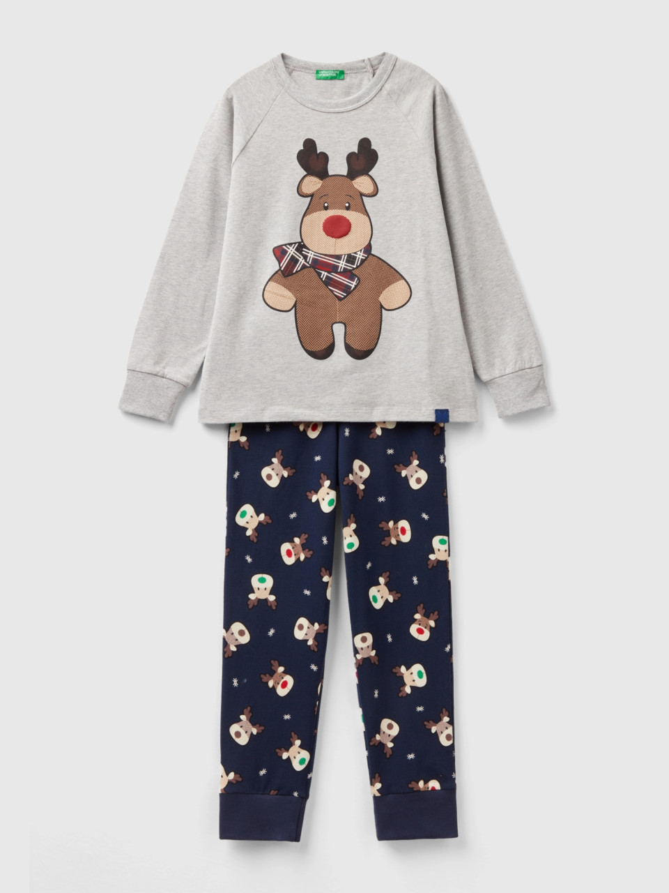 Benetton, Reindeer Pyjamas In Stretch Cotton, Light Gray, Kids