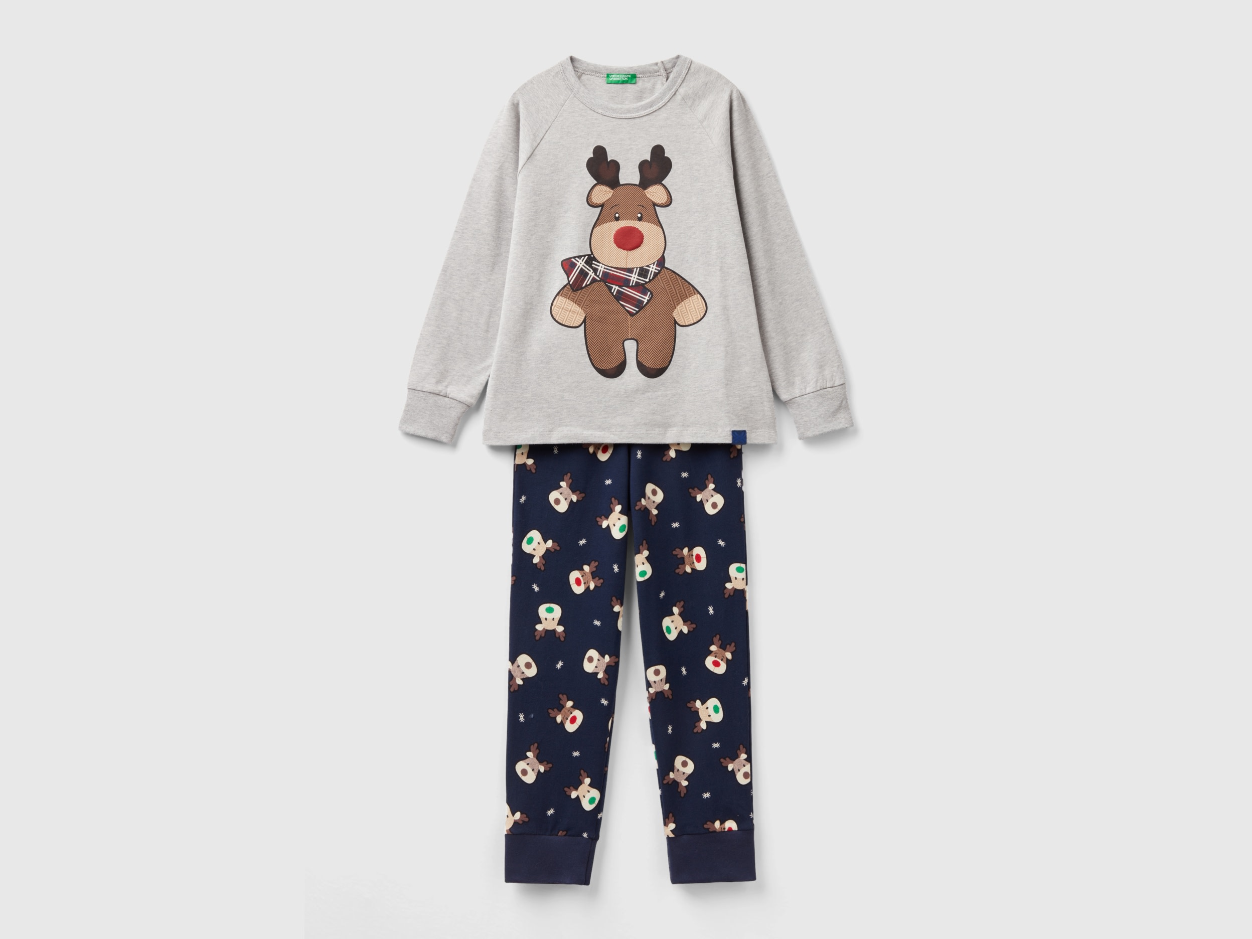 Benetton, Reindeer Pyjamas In Stretch Cotton, size XXS, Light Gray, Kids
