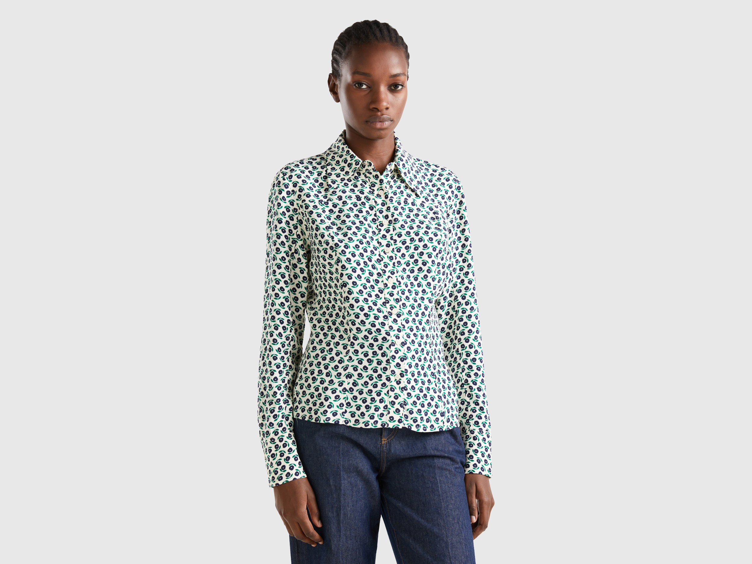 Benetton, Shirt With Flower Print, size L, White, Women