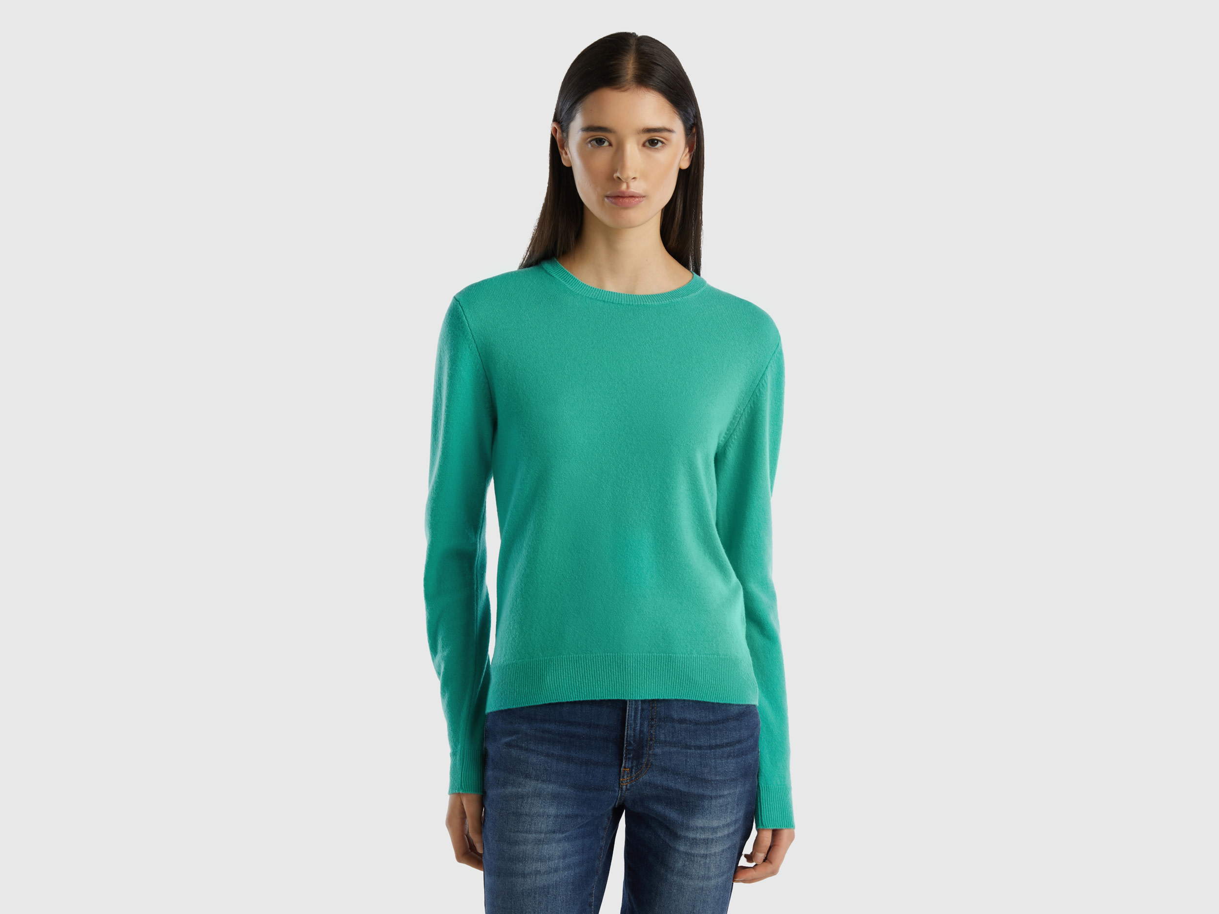 Benetton, Light Green Crew Neck Sweater In Merino Wool, size S, Light Green, Women