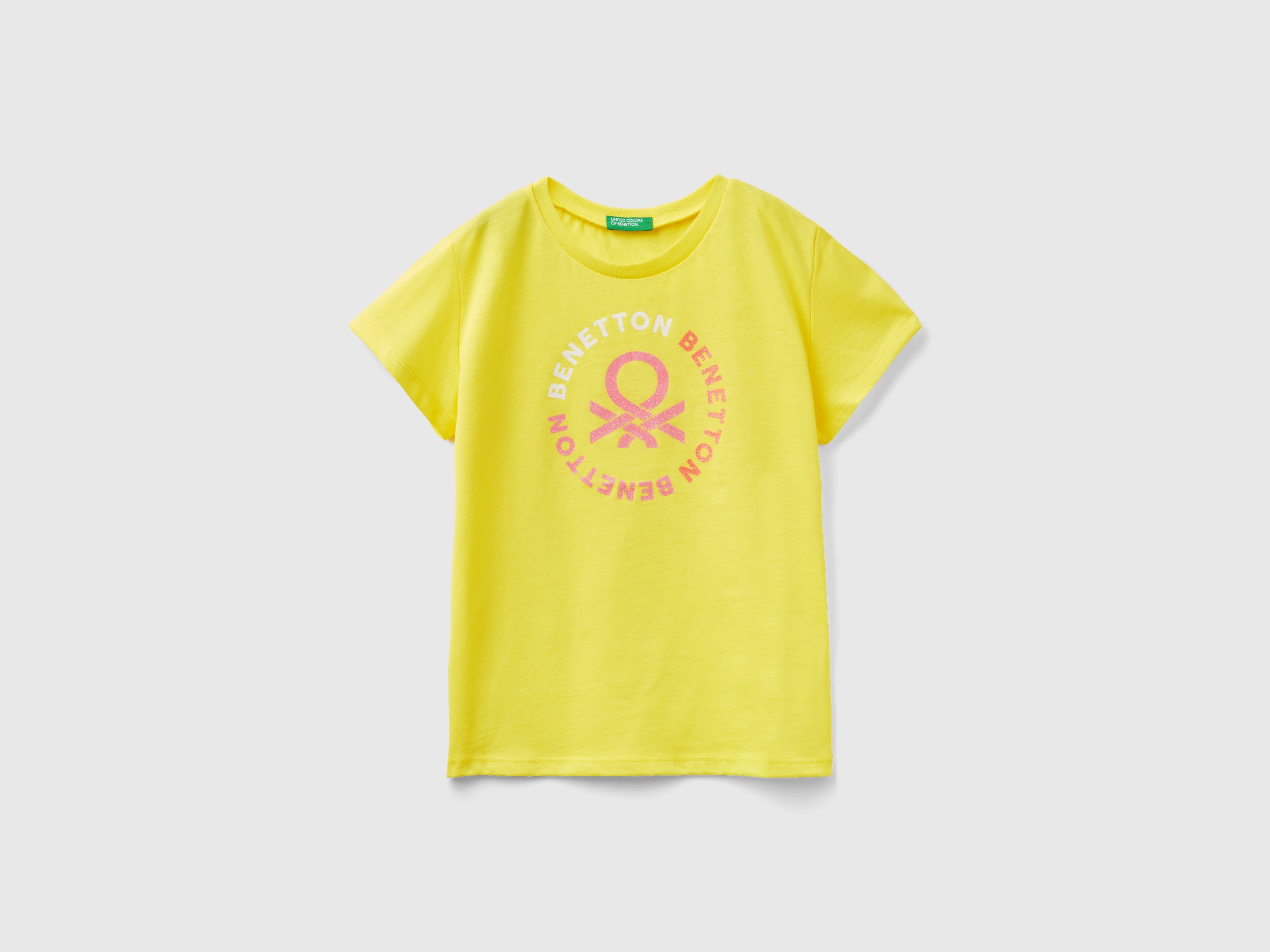Benetton, T-shirt With Glittery Logo In Organic Cotton, size 3XL, Yellow, Kids
