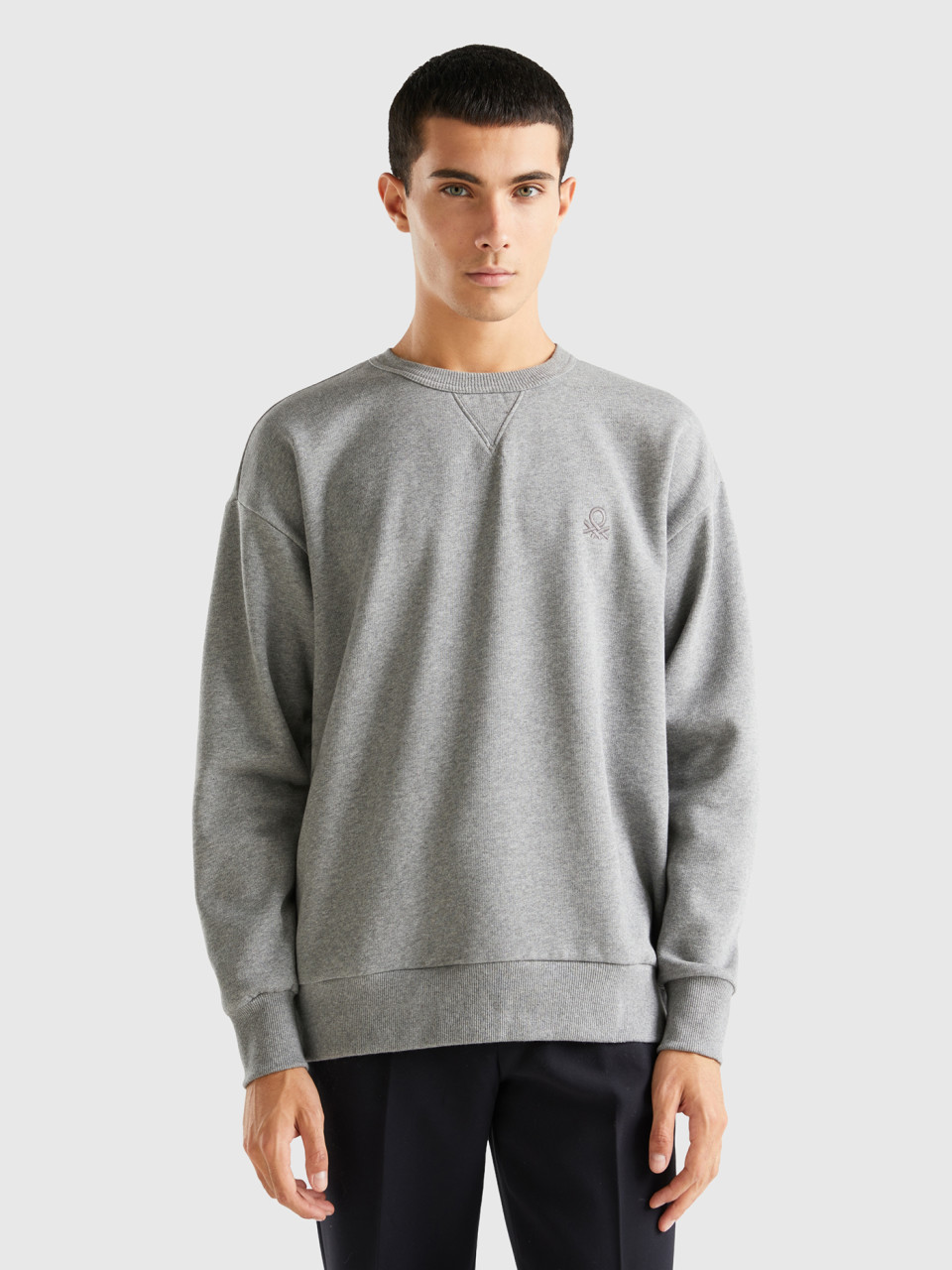 Benetton, Warmer Rundhals-sweater, Grau, male