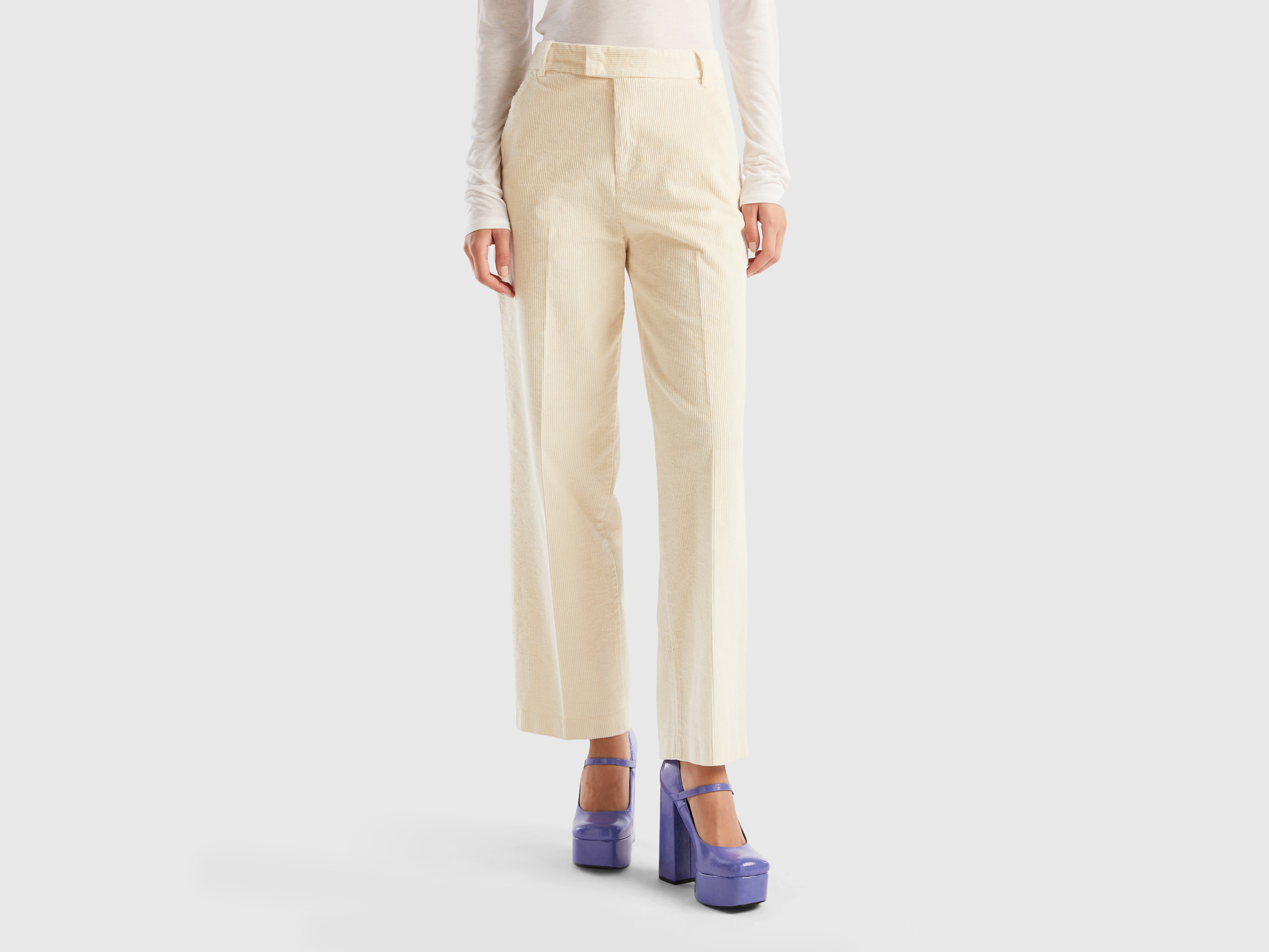 Benetton, Straight Corduroy Trousers, size 14, Creamy White, Women