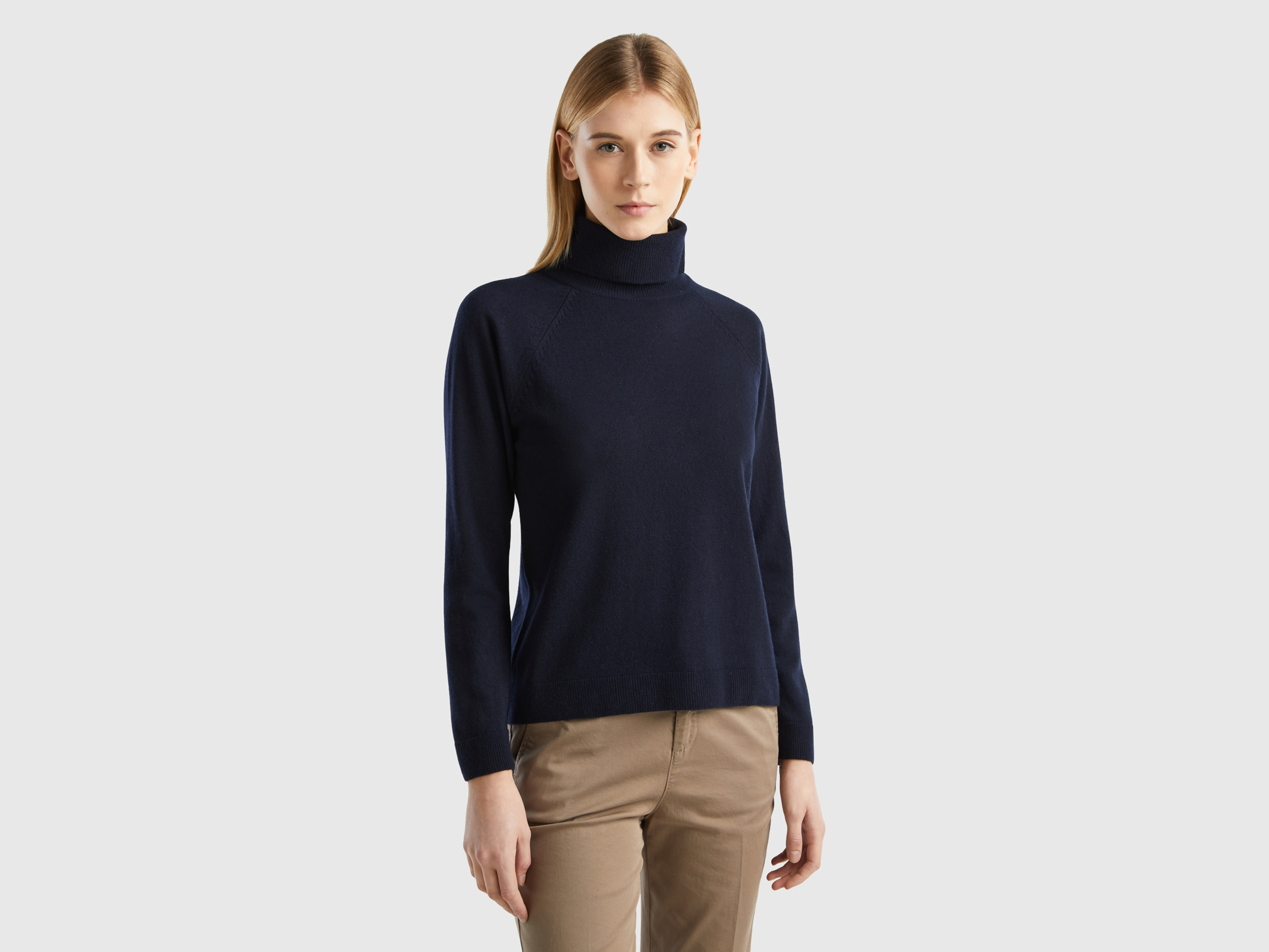 Benetton, Dark Blue Turtleneck Sweater In Cashmere And Wool Blend, size XL, Dark Blue, Women