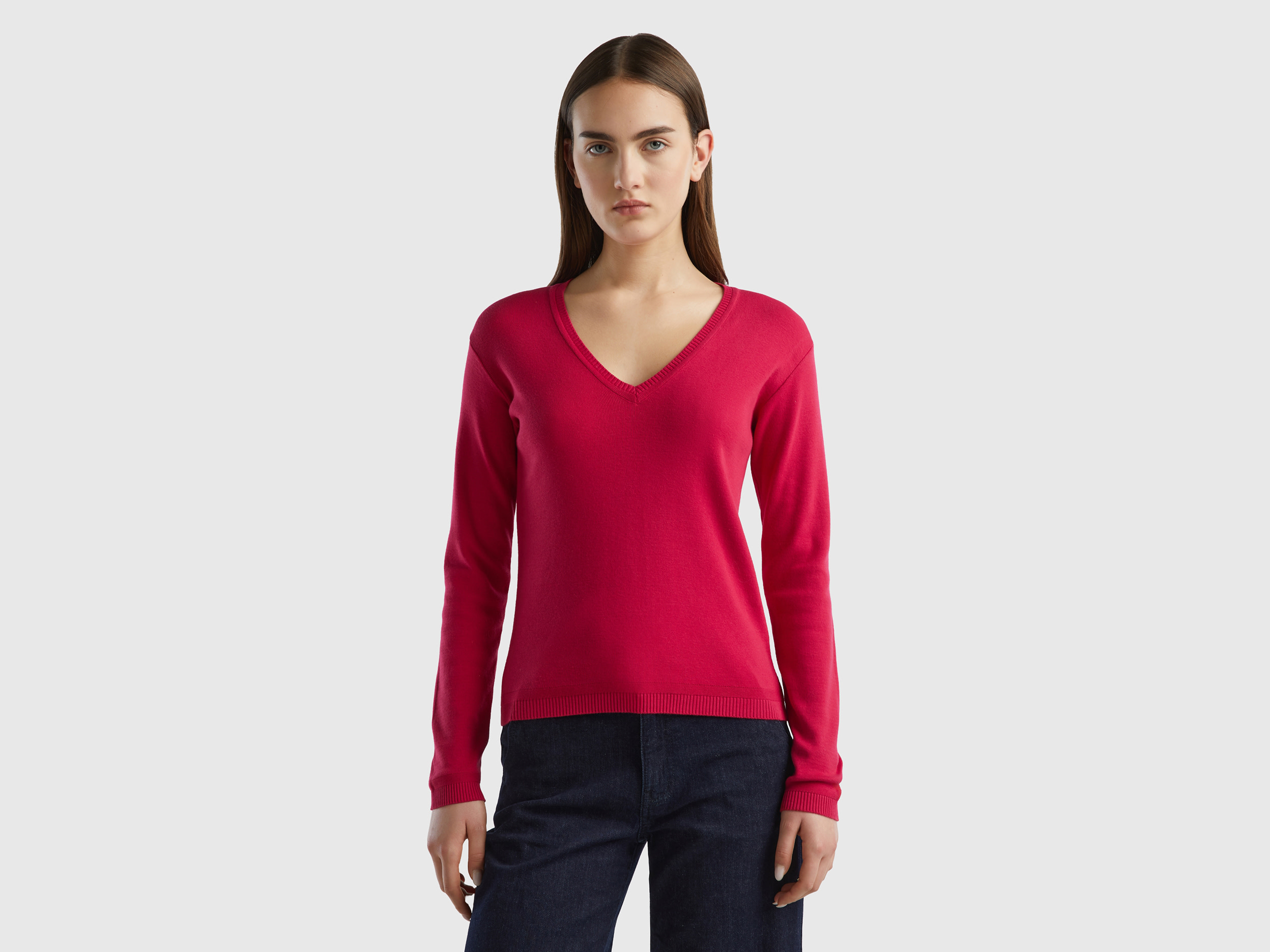 Benetton, V-neck Sweater In Pure Cotton, size XS, Cyclamen, Women