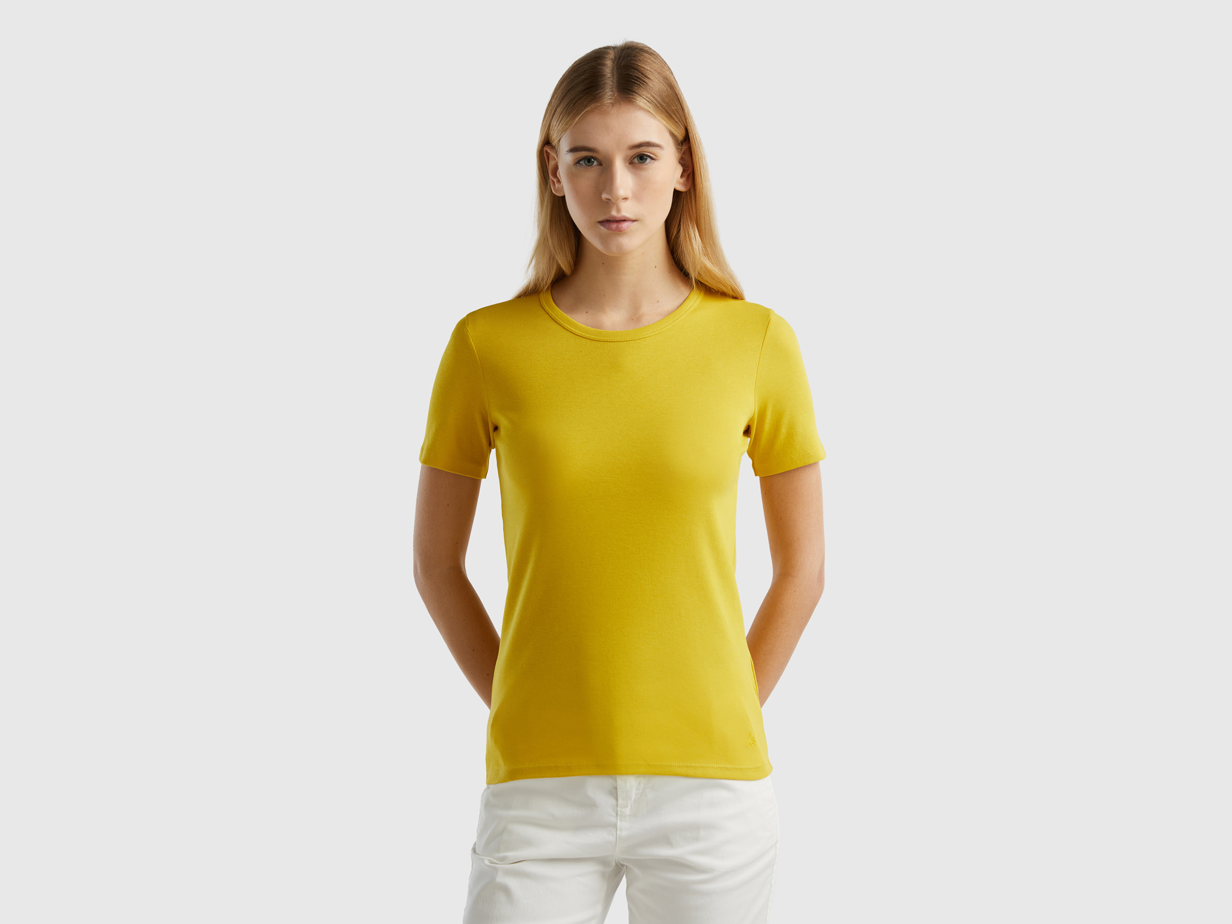 Benetton, Long Fiber Cotton T-shirt, size L, Yellow, Women