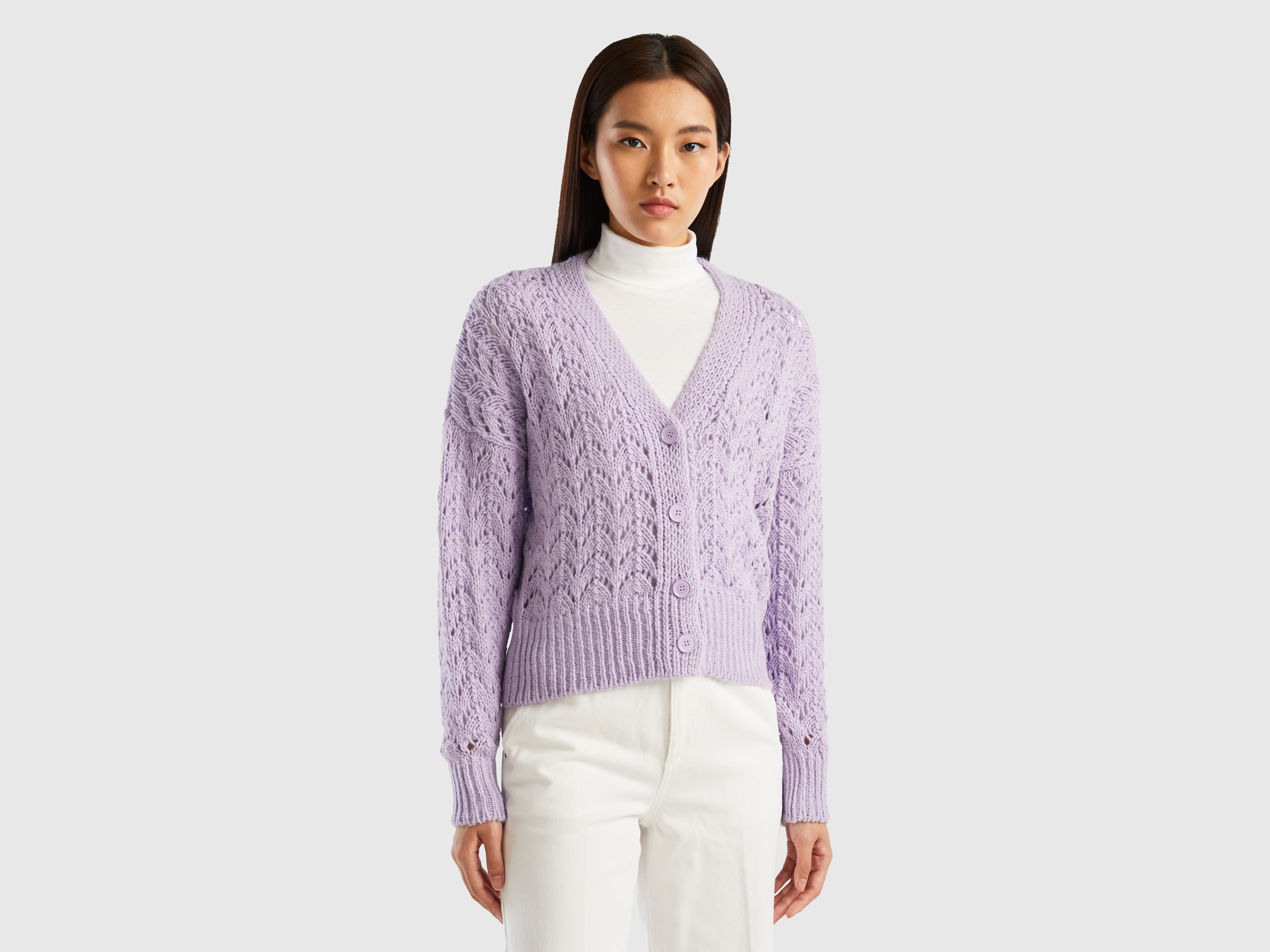 Benetton, Crochet Effect Cardigan, size L-XL, Lilac, Women
