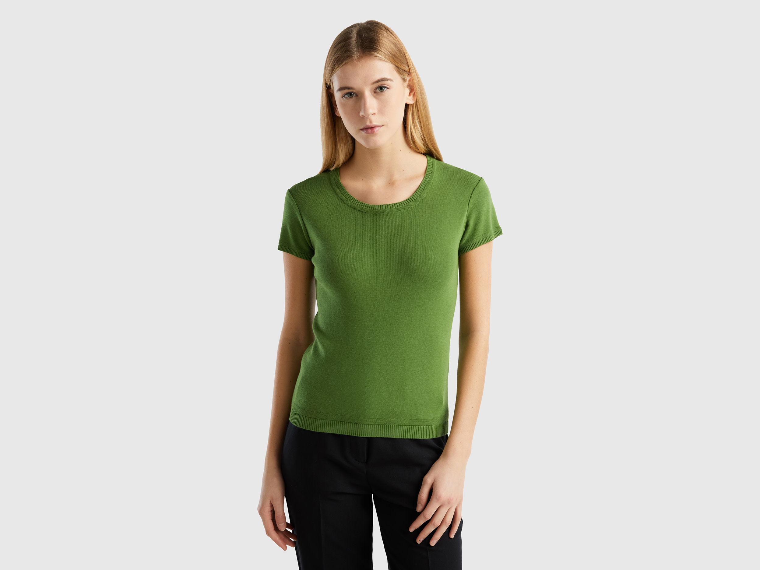 Benetton, Short Sleeve Sweater In 100% Cotton, size M, Military Green, Women