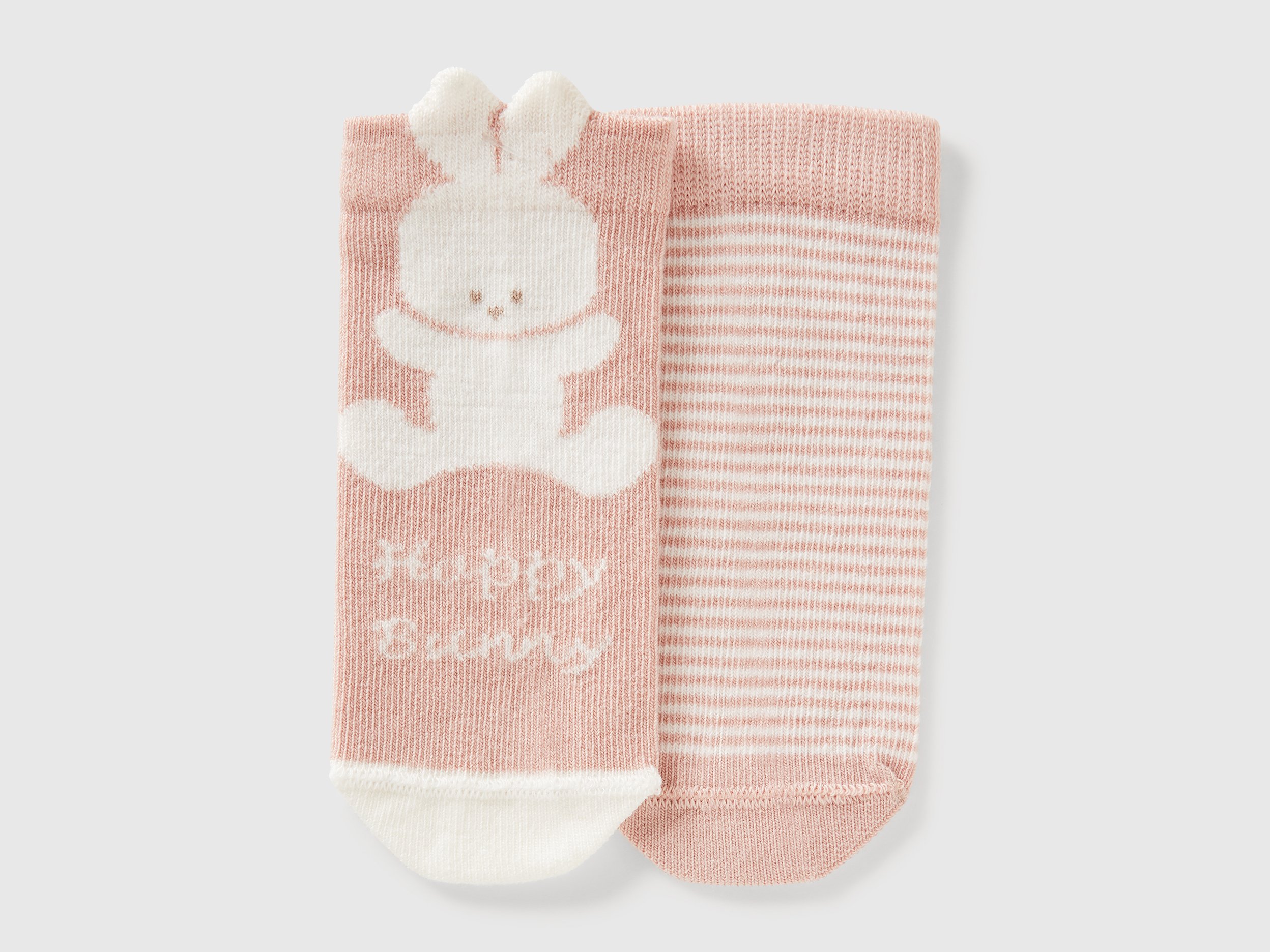 Benetton, Set Of Socks With Stripes And Bunny, size 6-12, Soft Pink, Kids