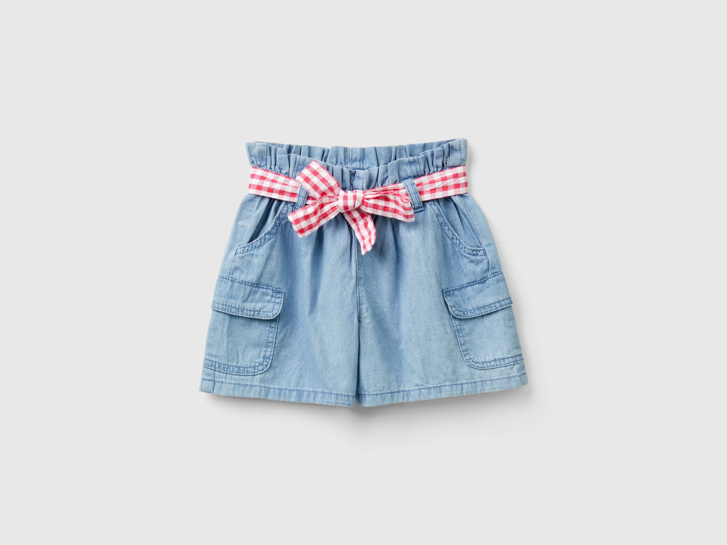 Benetton, Shorts Paperbag In Chambray, Blu Chiaro, Bambini