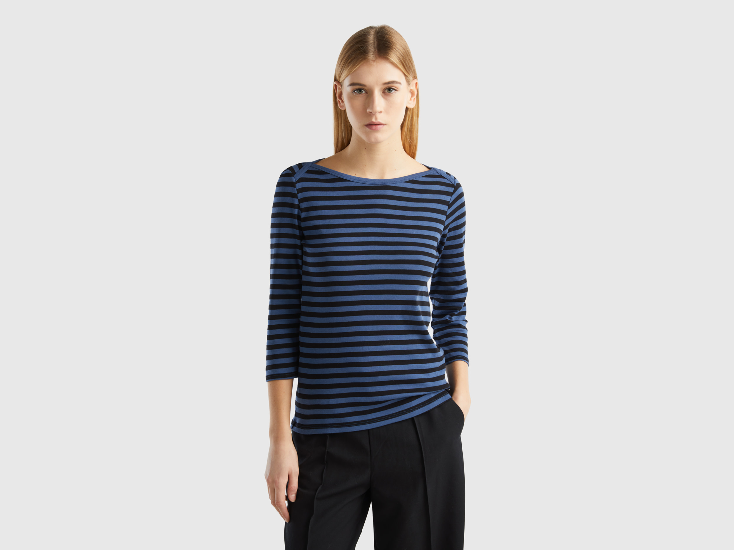 Benetton, Striped 3/4 Sleeve T-shirt In 100% Cotton, size XXS, Air Force Blue, Women