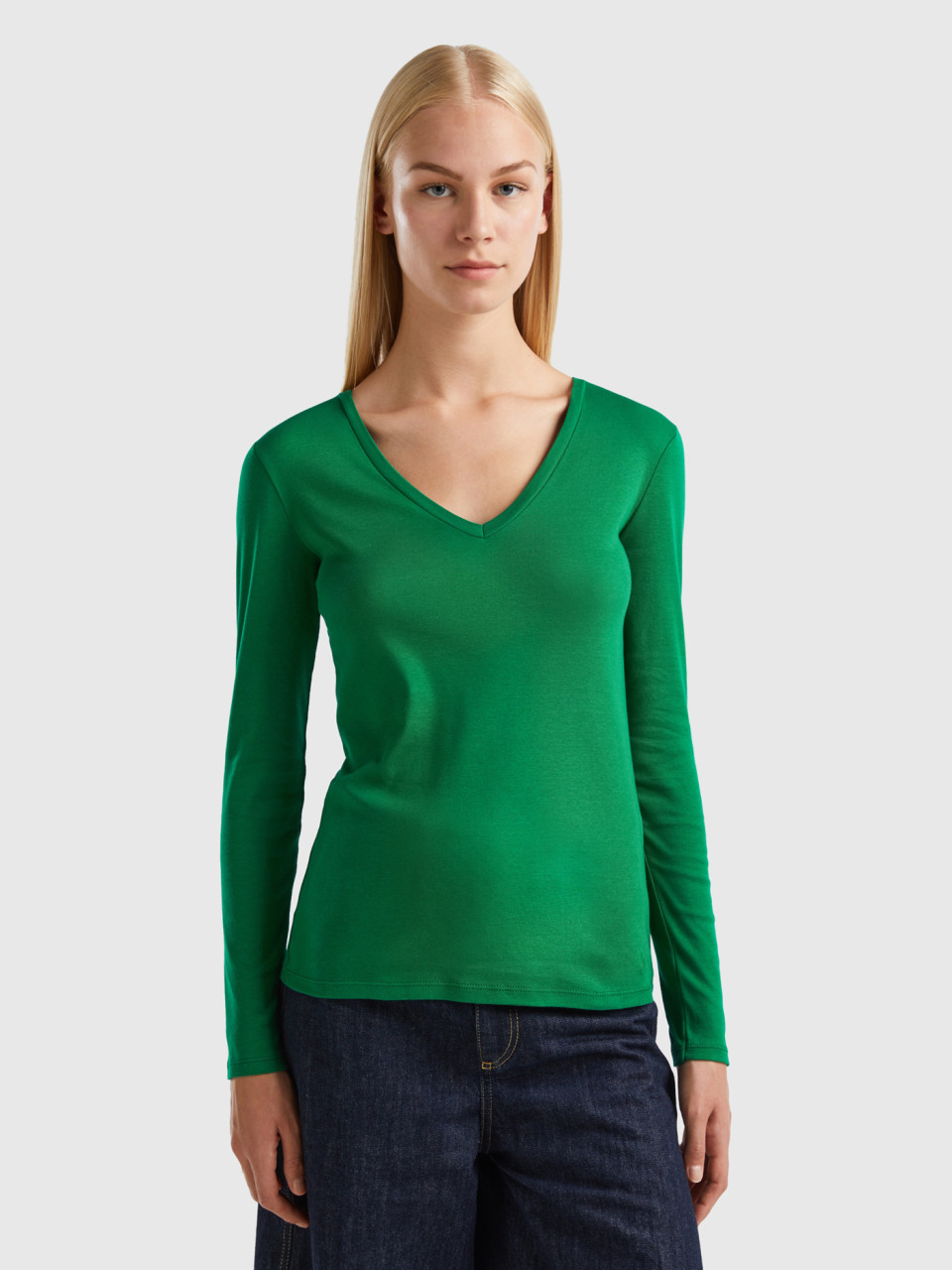 Benetton, Long Sleeve T-shirt With V-neck, Green, Women