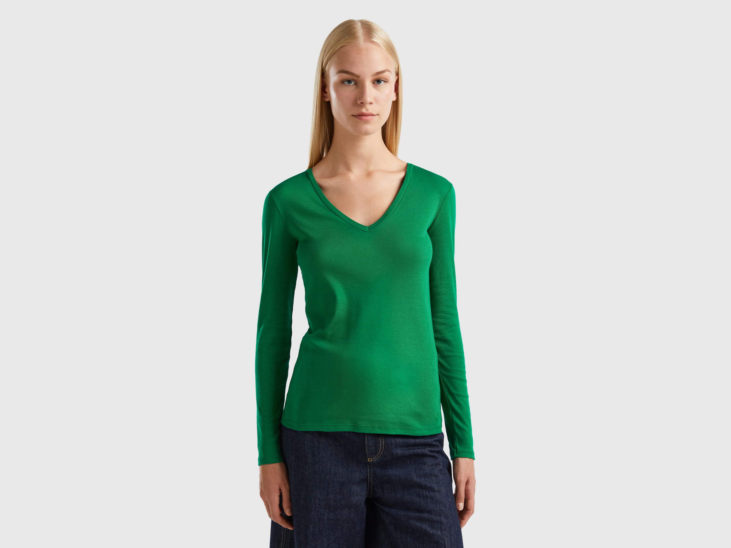 Benetton, Long Sleeve T-shirt With V-neck, size L, Green, Women
