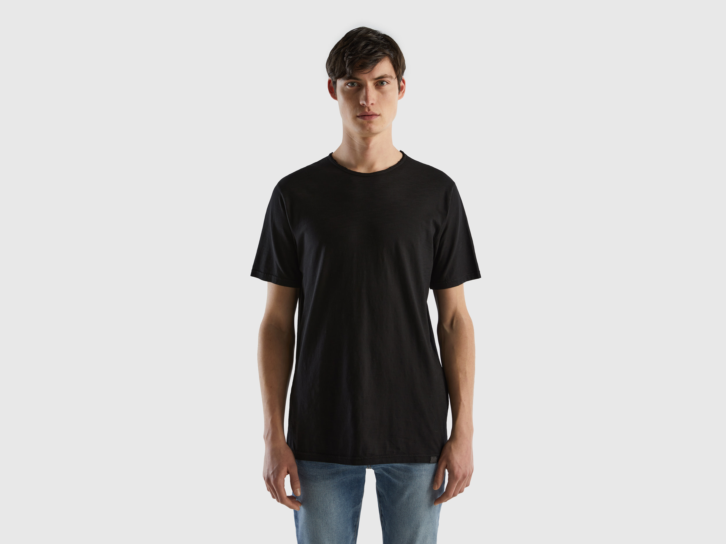 Benetton, Black T-shirt In Slub Cotton, size S, Black, Men
