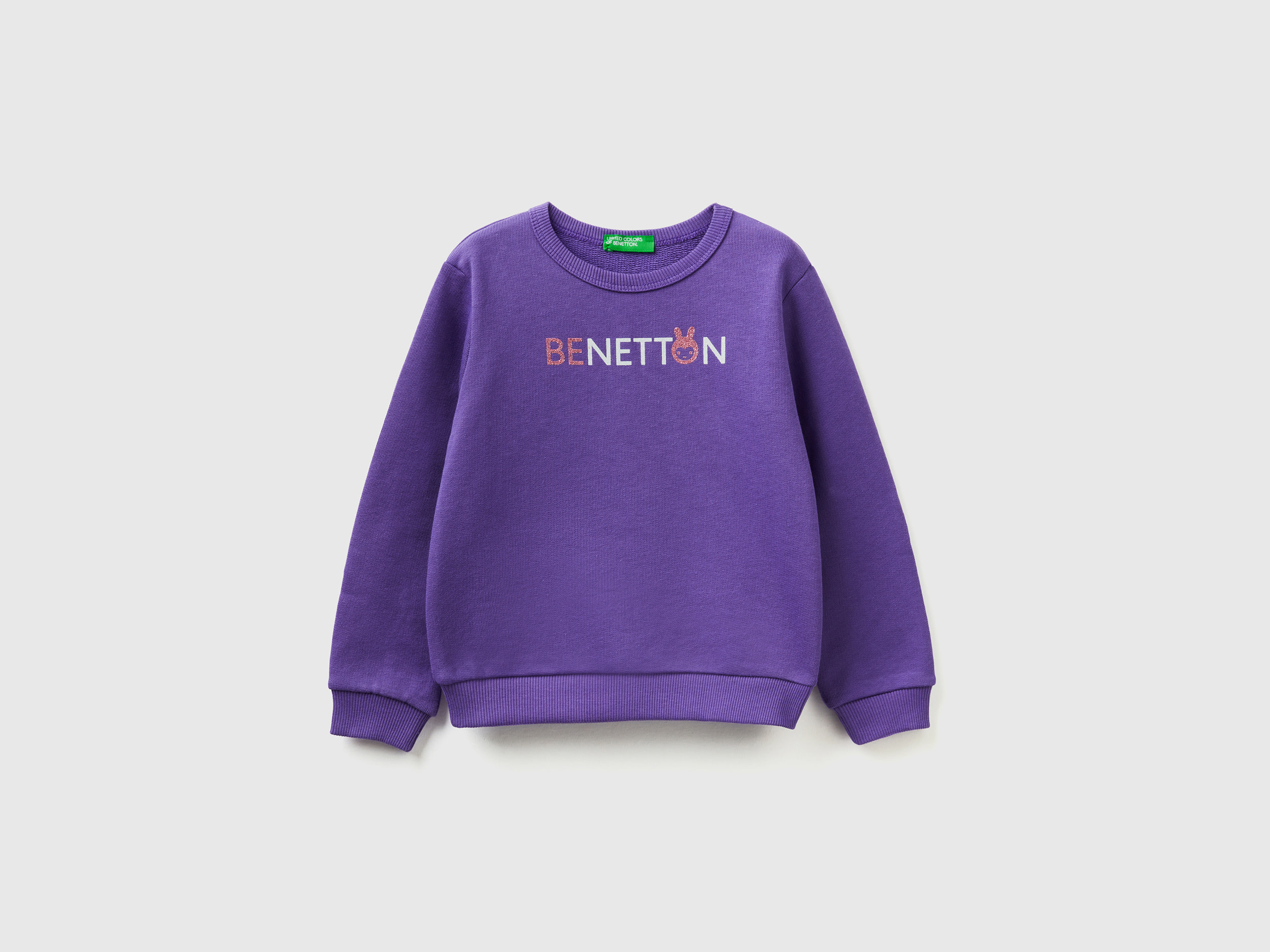 Benetton, Purple Sweatshirt In Organic Cotton With Glittery Print, size 18-24, Violet, Kids
