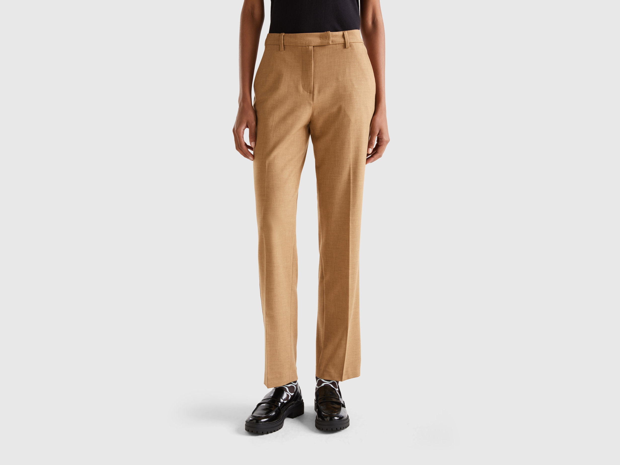 Benetton, Regular Fit Flowy Trousers, size 12, Camel, Women