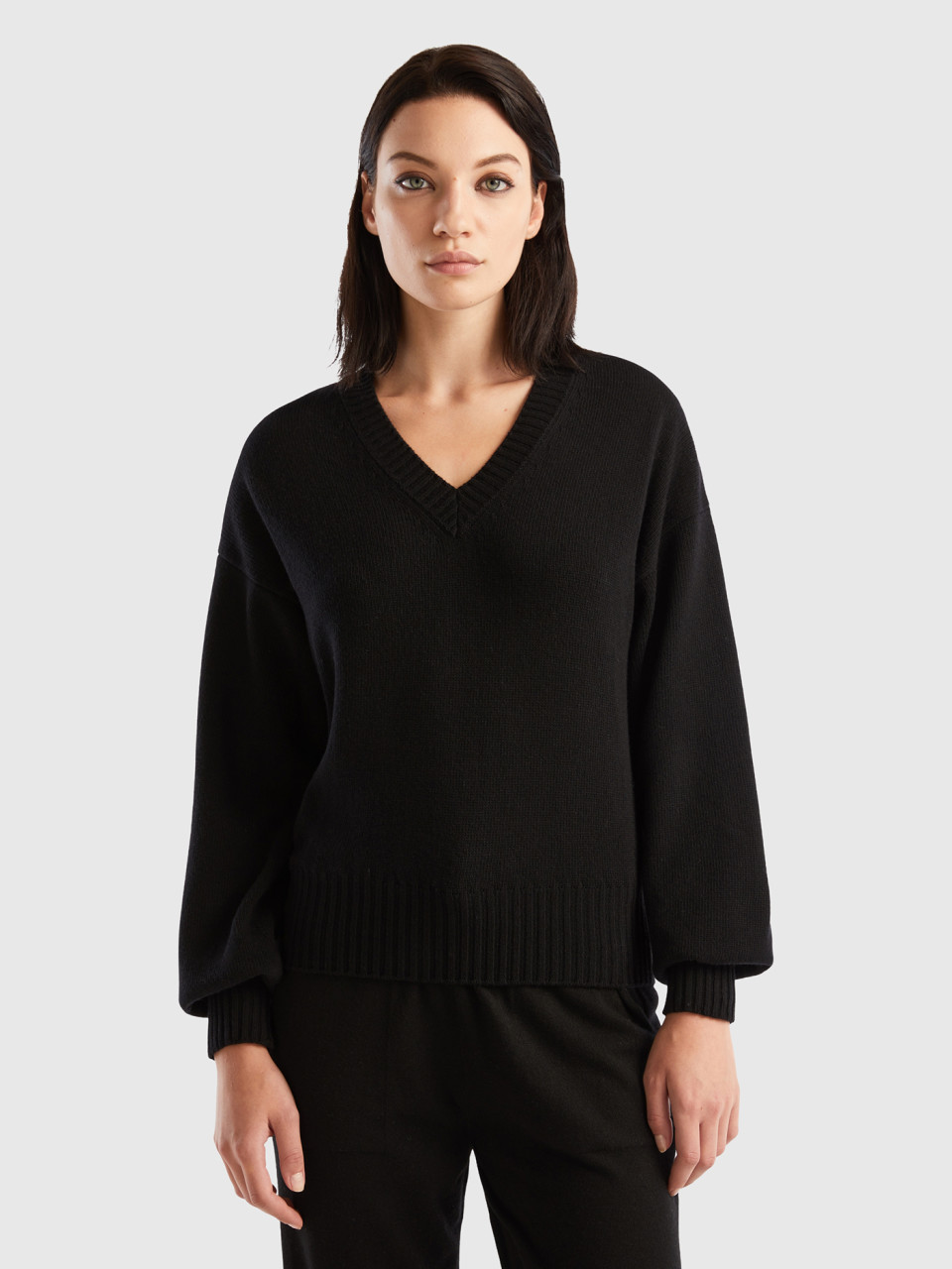 Benetton, V-neck Sweater In Wool Blend, Black, Women