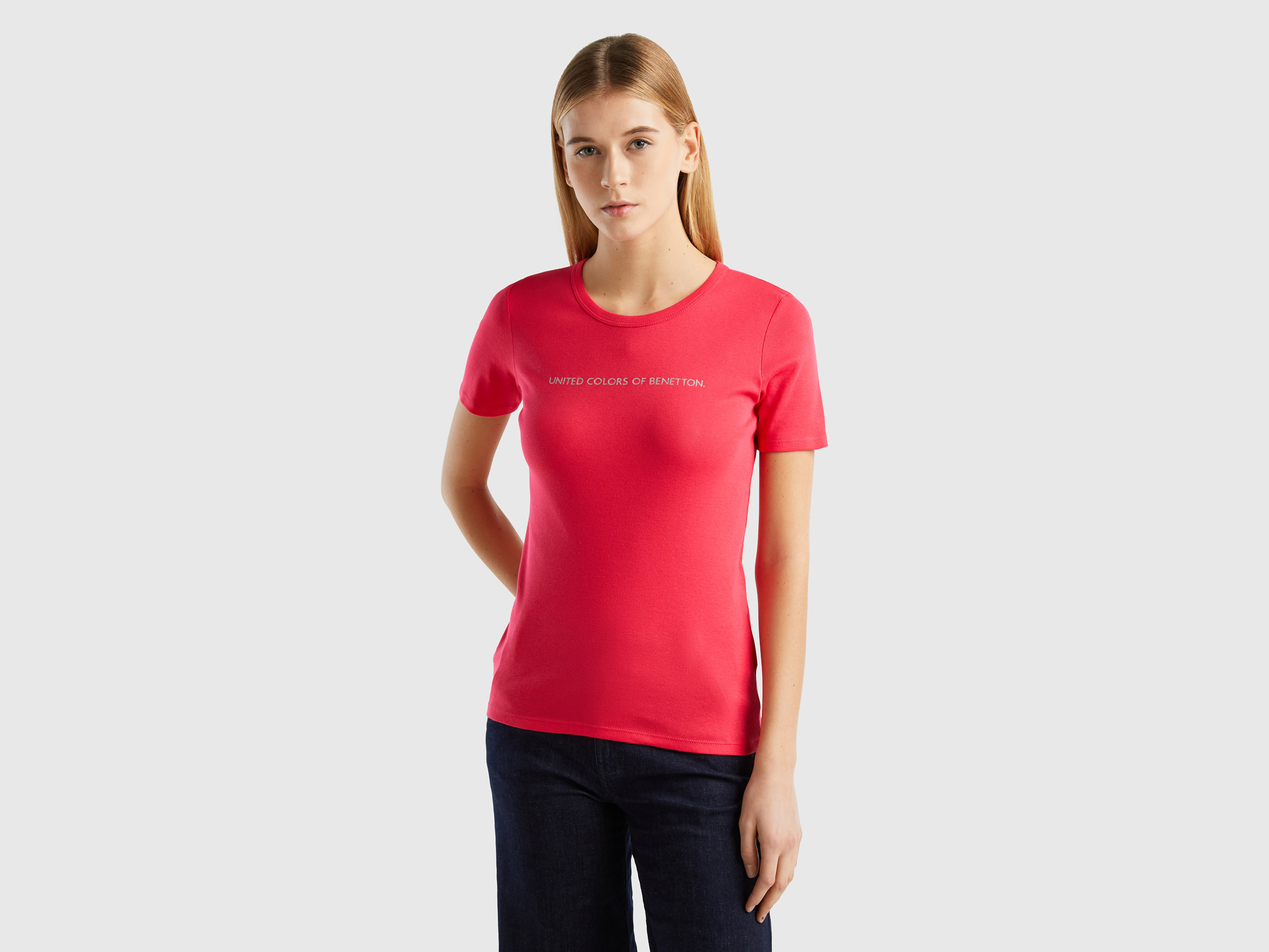 Benetton, T-shirt In 100% Cotton With Glitter Print Logo, size XS, Fuchsia, Women