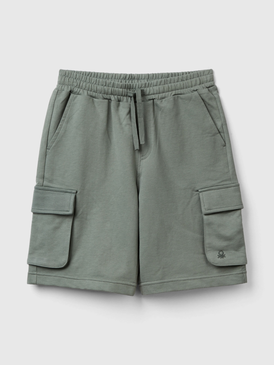 Benetton, Cargo Shorts In Light Sweat Fabric, Military Green, Kids