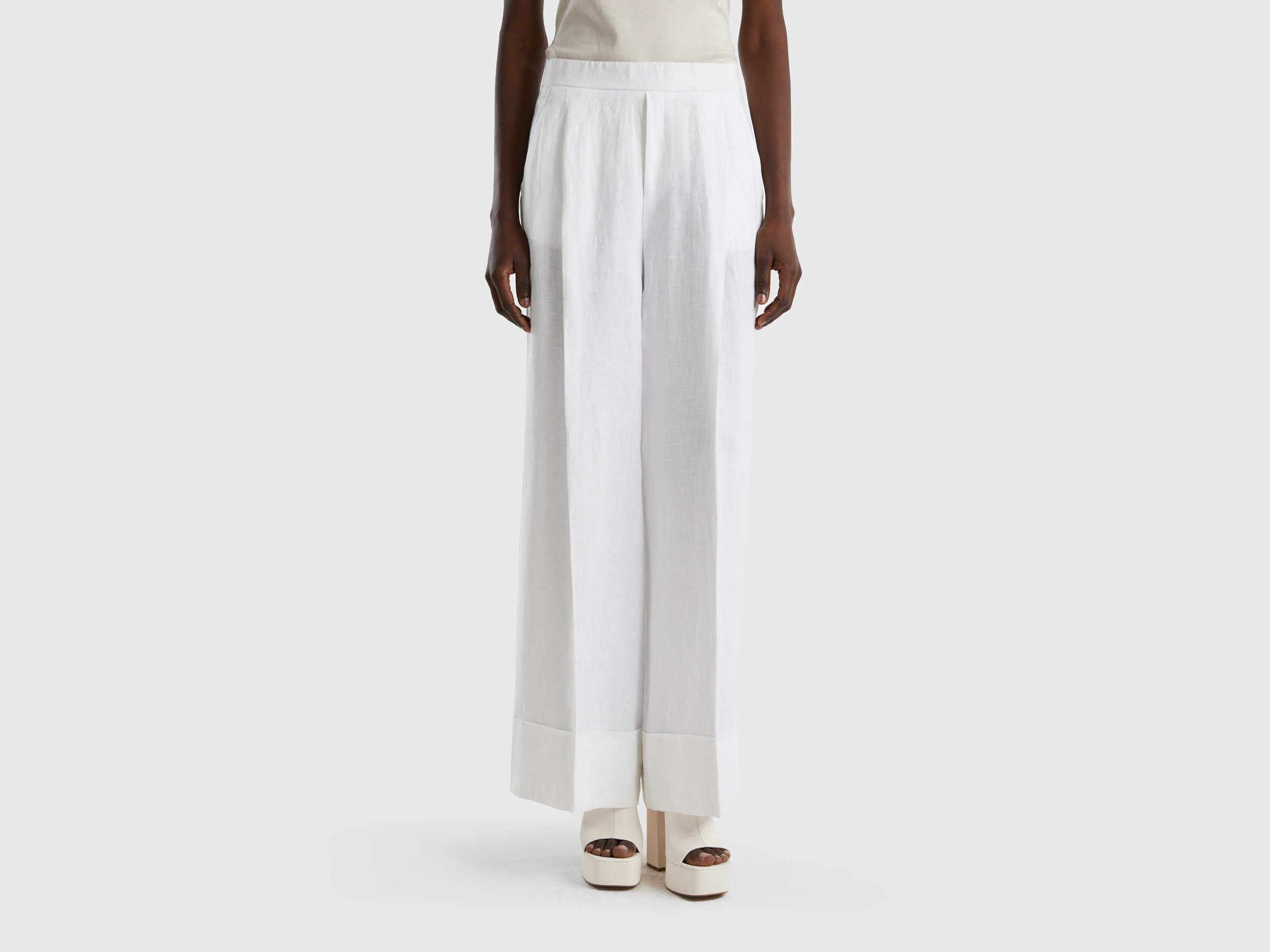Benetton, Palazzo Trousers In 100% Linen, size L, White, Women