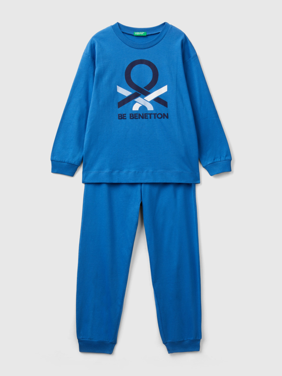 Benetton, Langer Pyjama In Blau Mit Logodruck, Blau, male