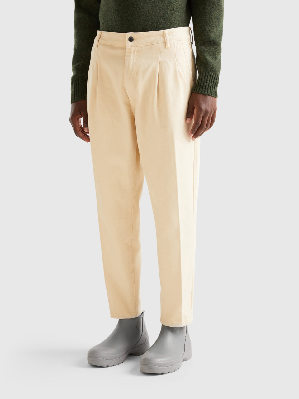 Benetton, Trousers In Cotton With Pleats, Beige, Men