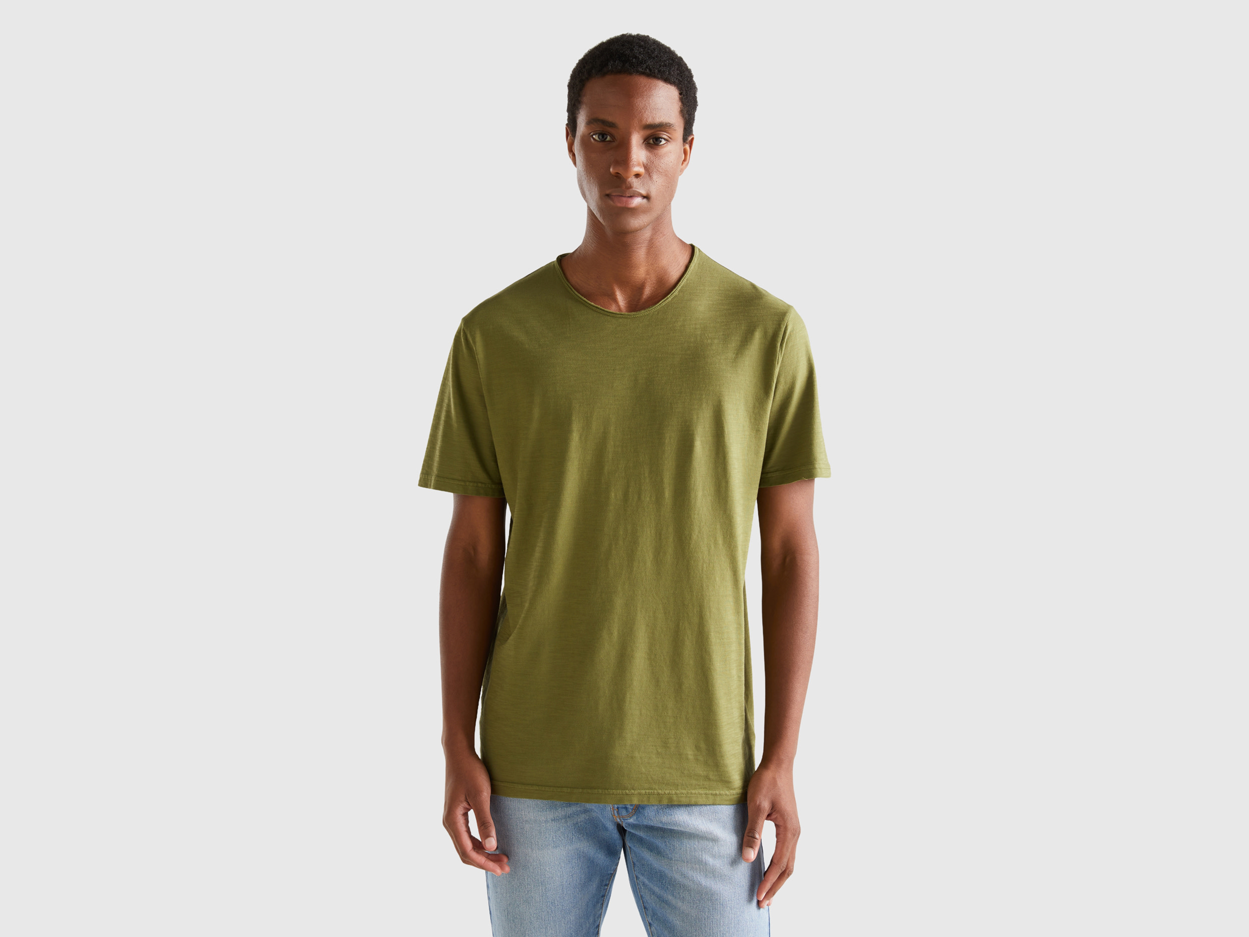 Benetton, Military Green T-shirt In Slub Cotton, size XXL, Military Green, Men