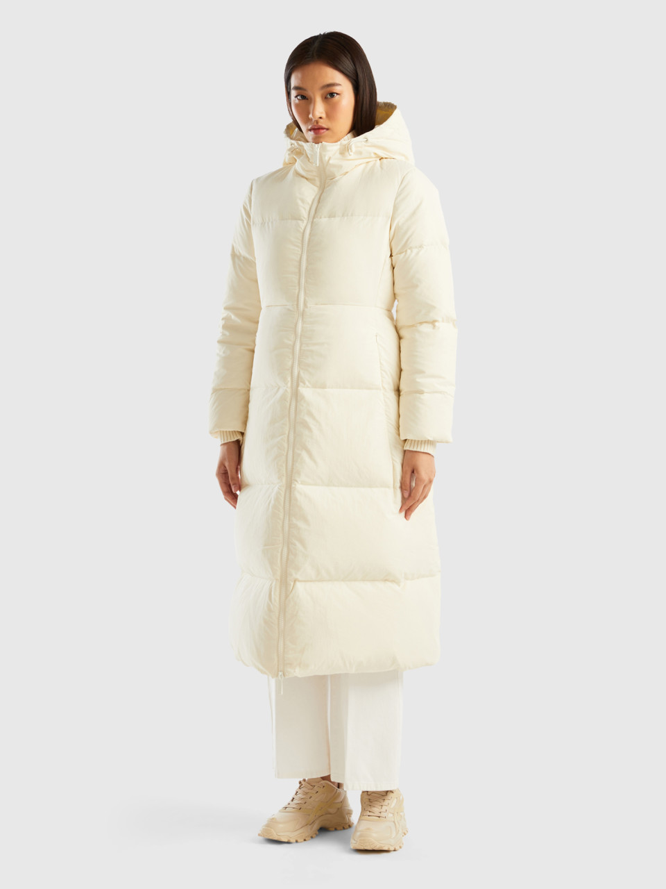 Benetton, Padded Jacket With Recycled Feathers, Creamy White, Women