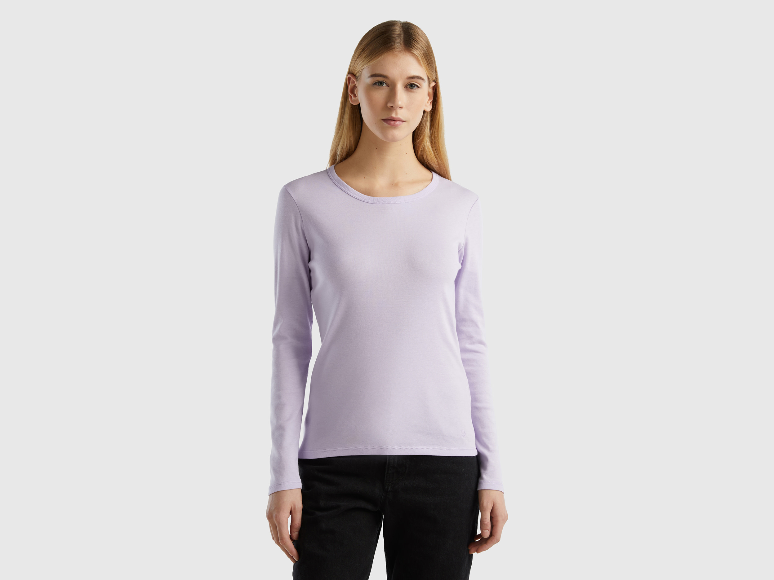 Benetton, Long Sleeve Pure Cotton T-shirt, size XS, Lilac, Women