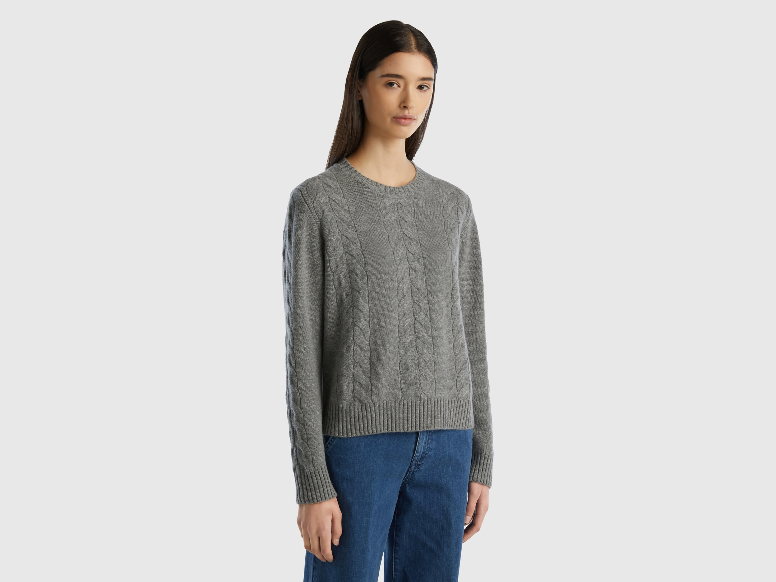 Benetton, Cable Knit Sweater In Pure Cashmere, size L, Dark Gray, Women