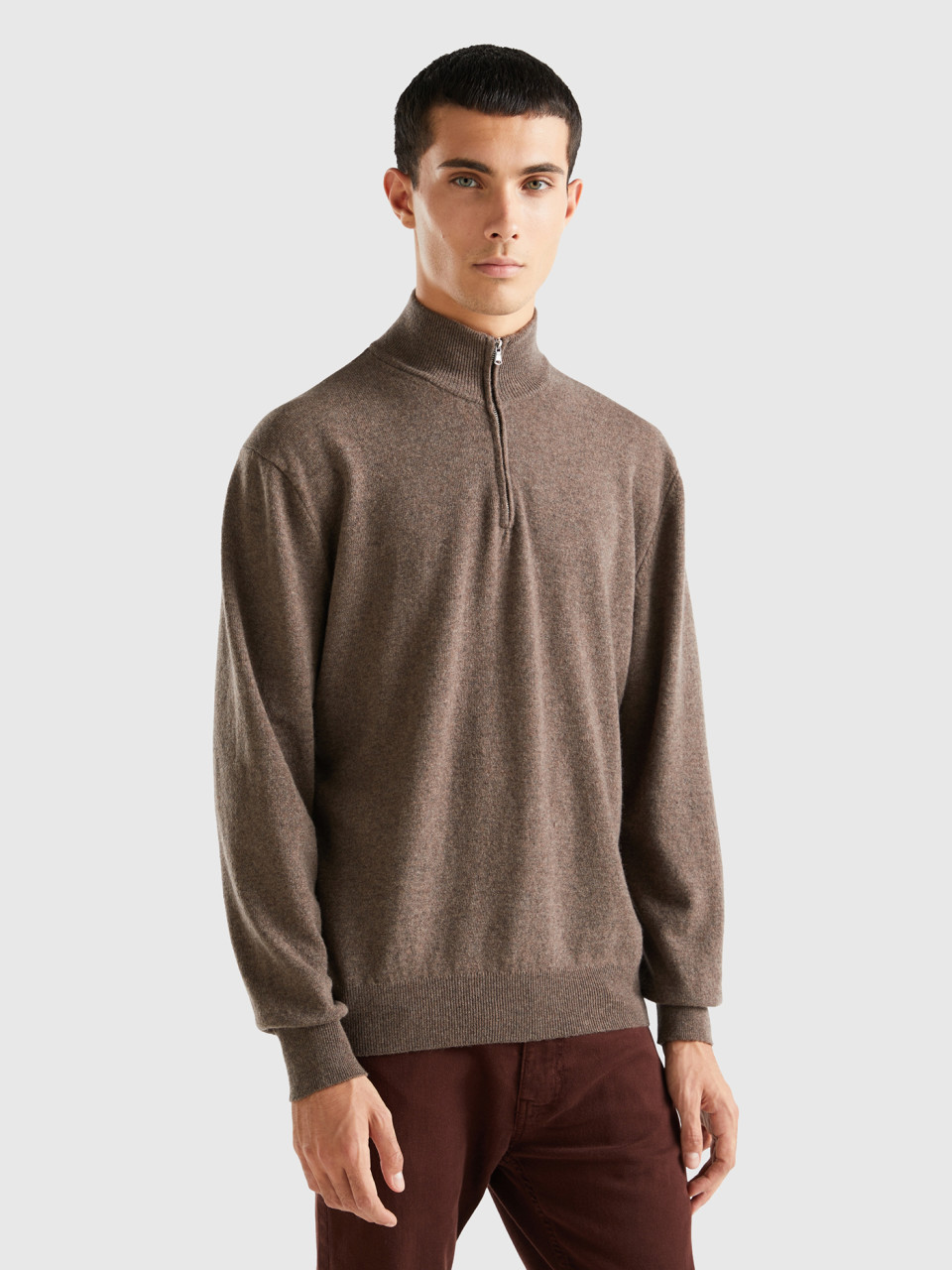Benetton, Brown Zip-up Sweater In 100% Merino Wool, Brown, Men