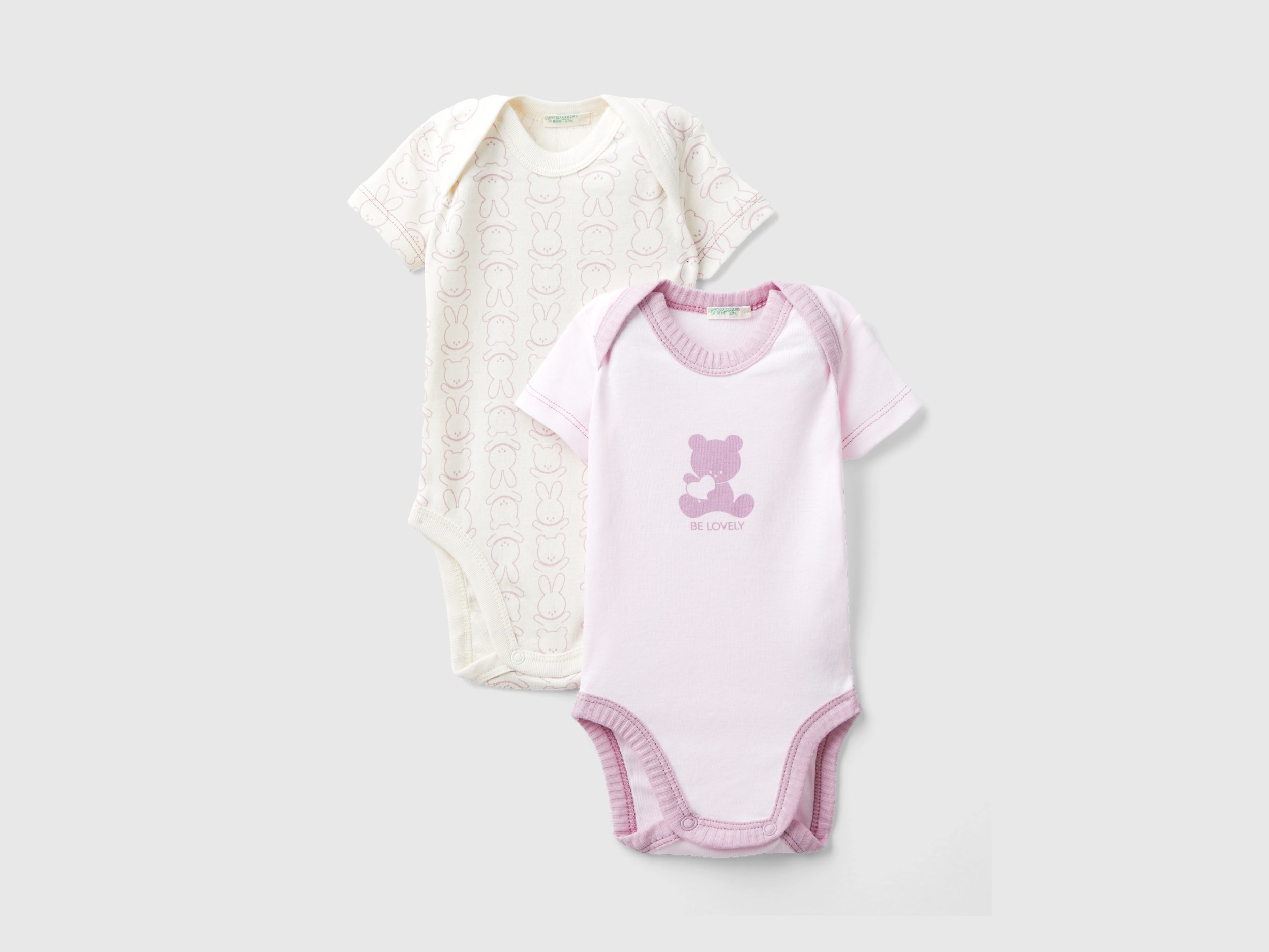 Benetton, Two Short Sleeve Bodysuits In Organic Cotton, size 9-12, Soft Pink, Kids