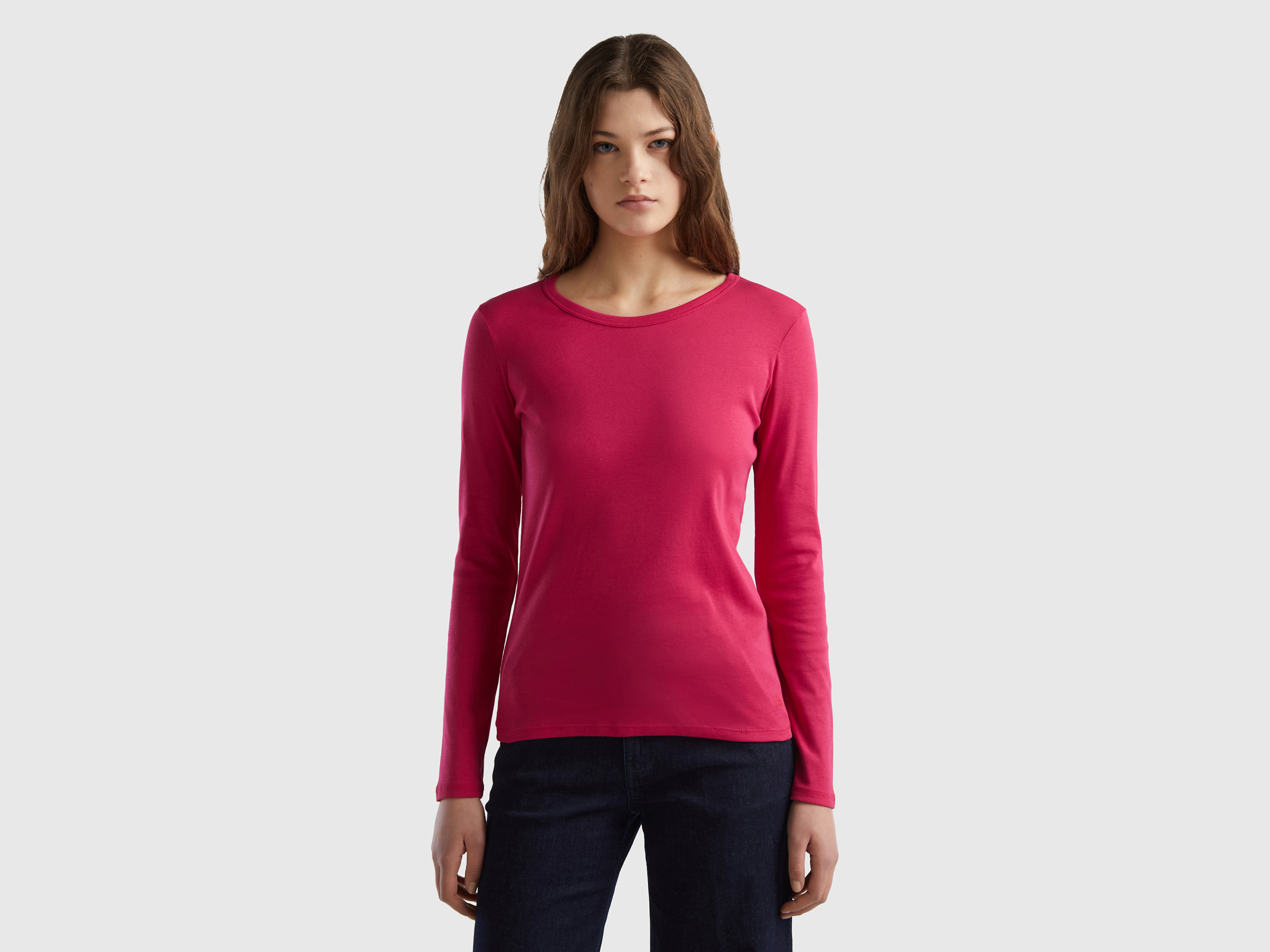 Benetton, Long Sleeve Pure Cotton T-shirt, size M, Cyclamen, Women