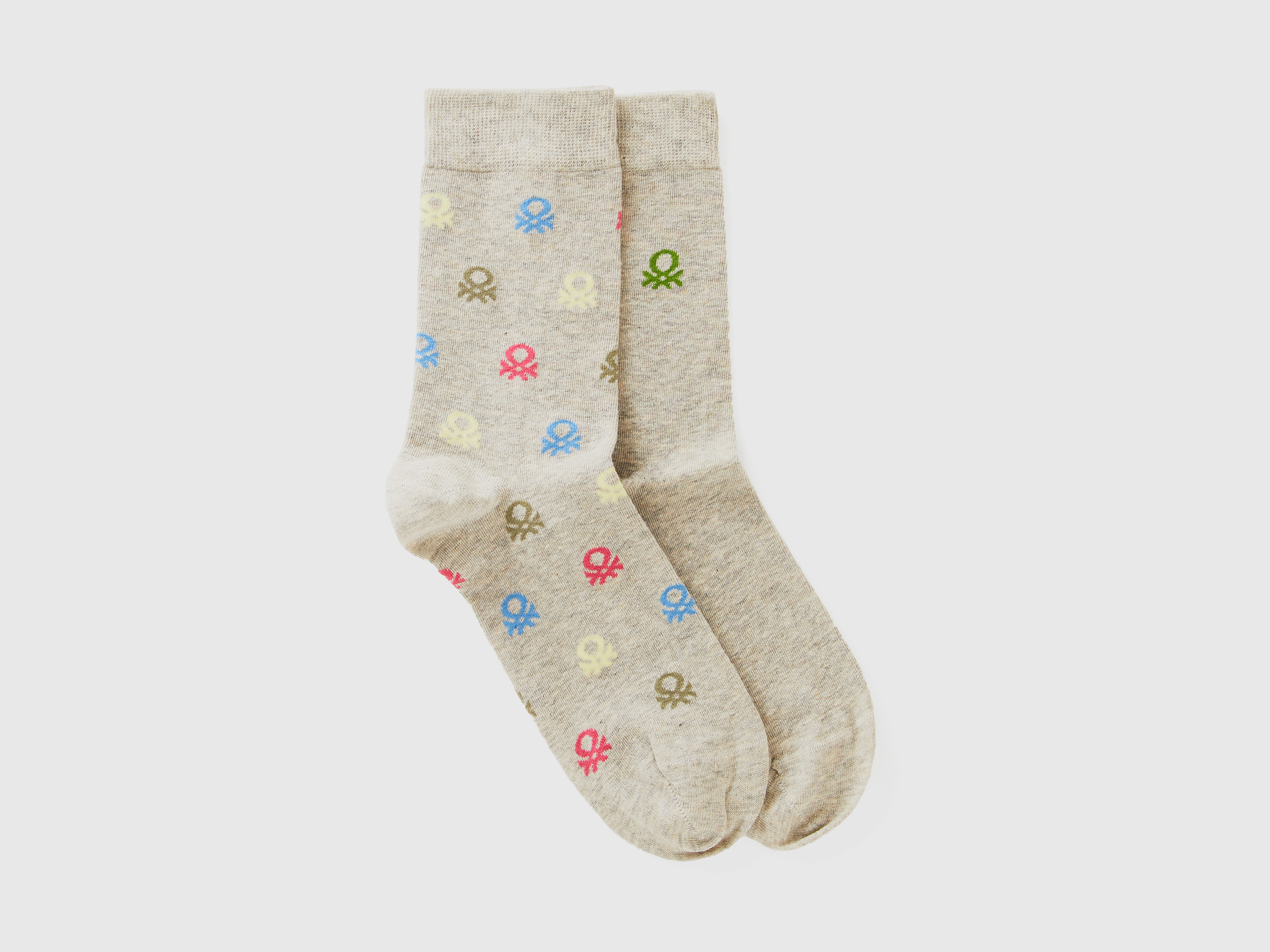 Benetton, Due Paia Di Calzini Lunghi Con Loghi, Bianco Panna, Donna