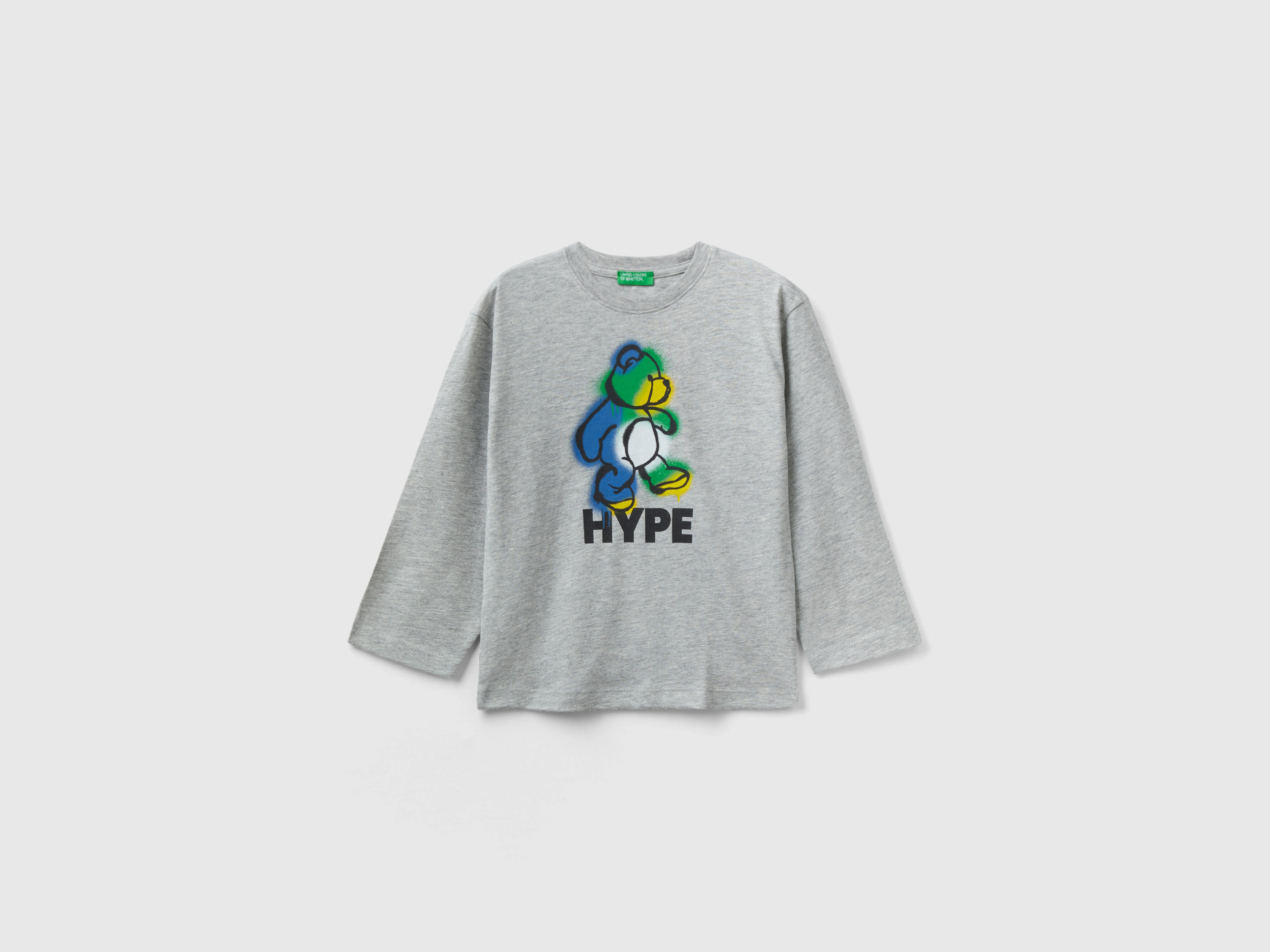 Benetton, Crew Neck T-shirt With Print, size 4-5, Light Gray, Kids