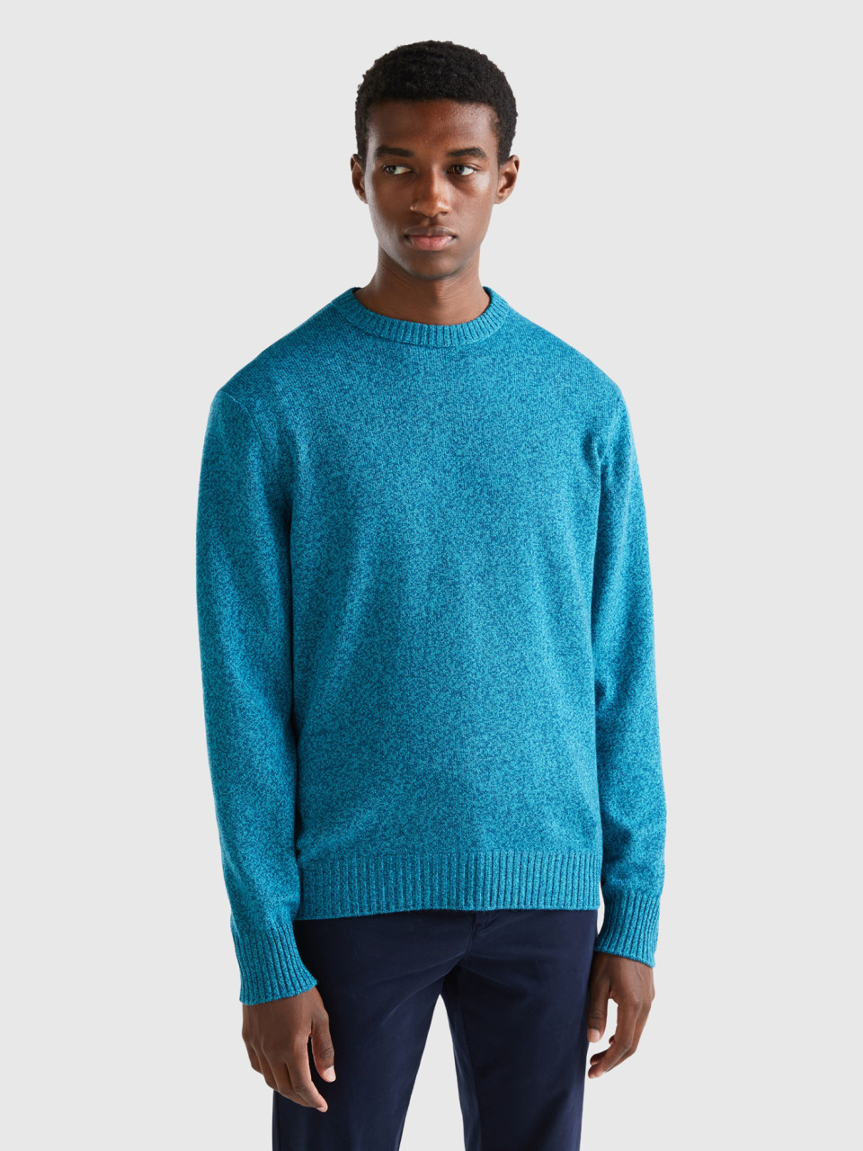 Benetton, Crew Neck Sweater In Cashmere And Wool Blend, Blue, Men