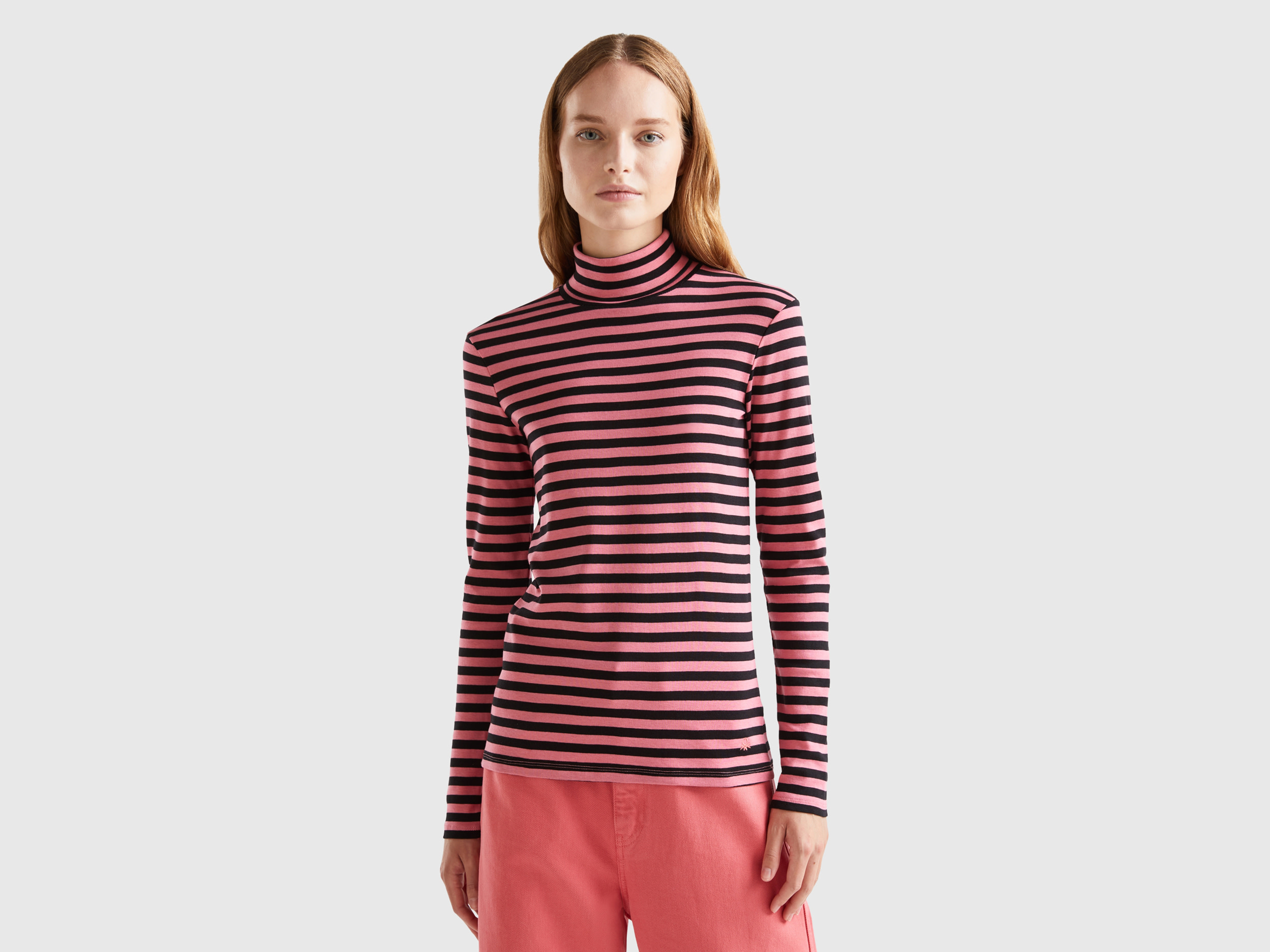 Benetton, Striped Turtleneck T-shirt, size L, Pink, Women