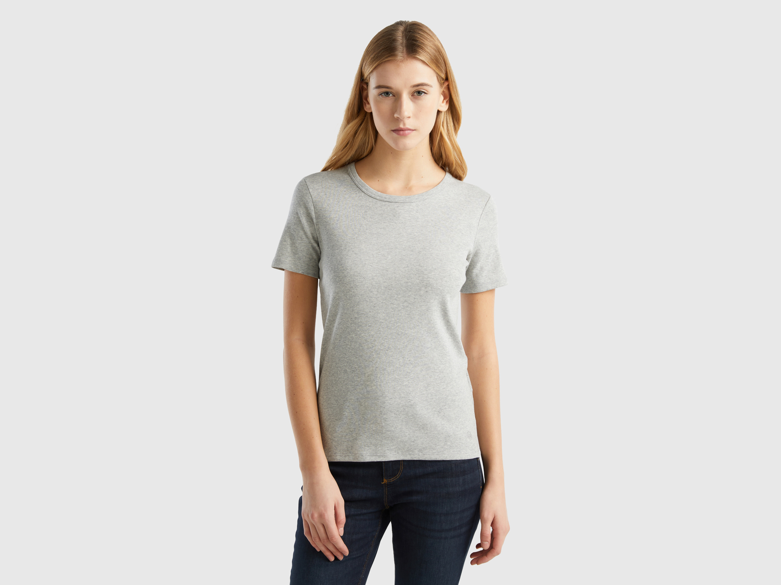 Benetton, Long Fiber Cotton T-shirt, size XL, Light Gray, Women