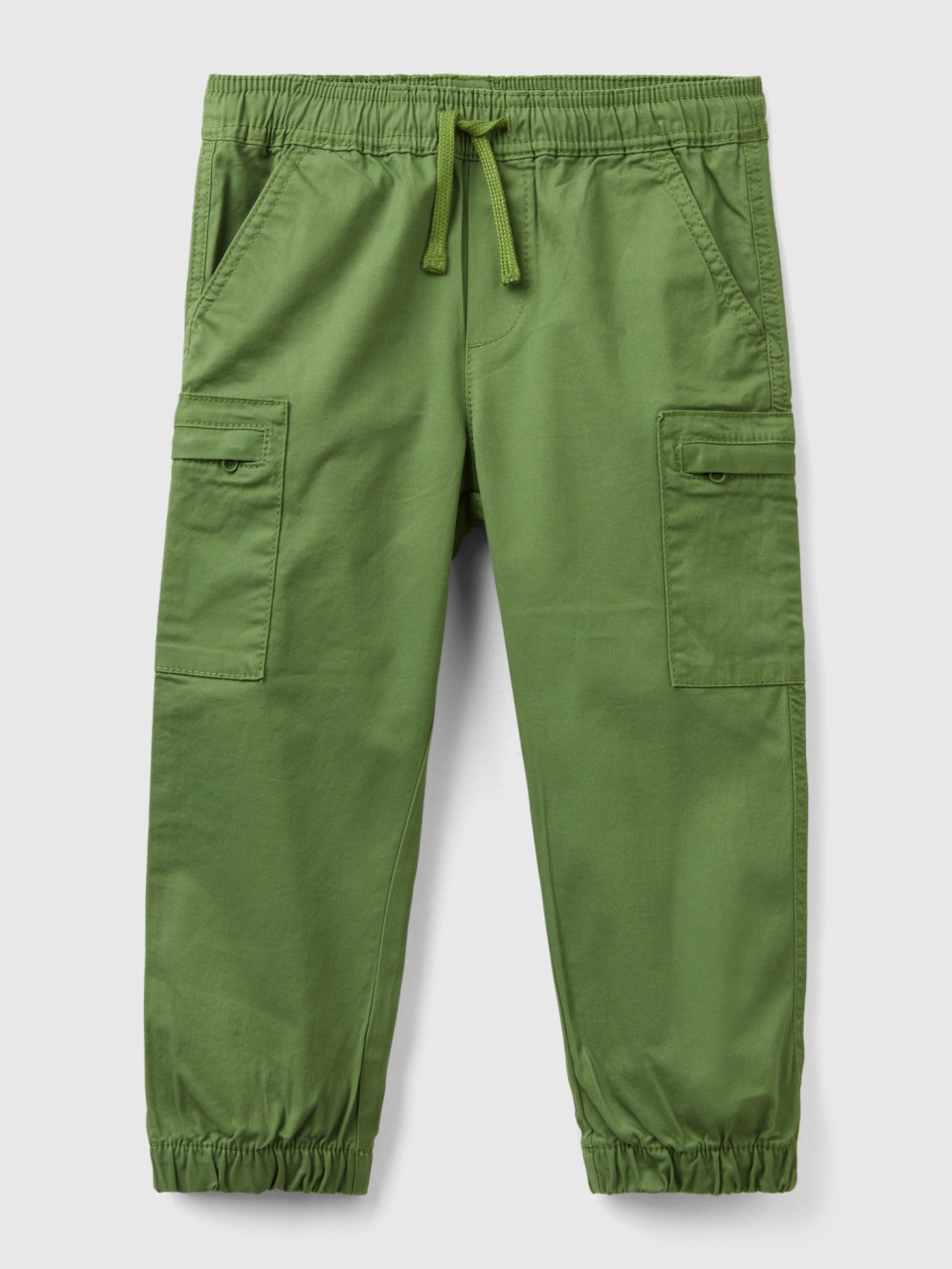 Benetton, Cargo Trousers With Drawstring, Military Green, Kids