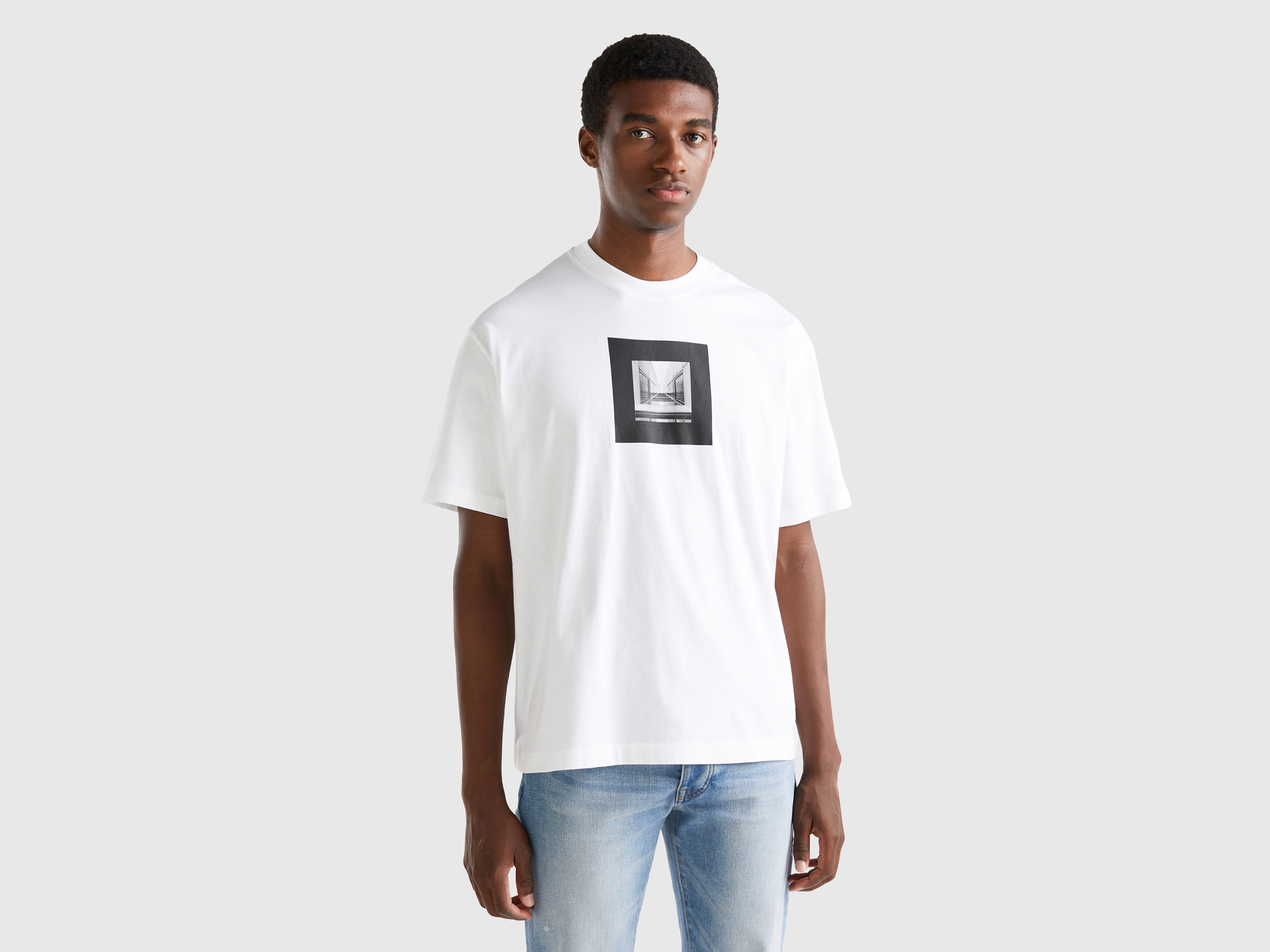 Benetton, Boxy Fit T-shirt With Print, size XL, White, Men