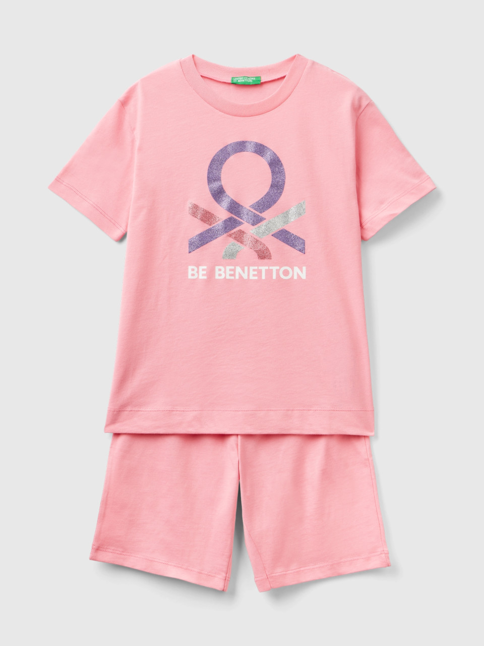 Benetton, Pink Short Pyjamas With Glittery Logo, Pink, Kids