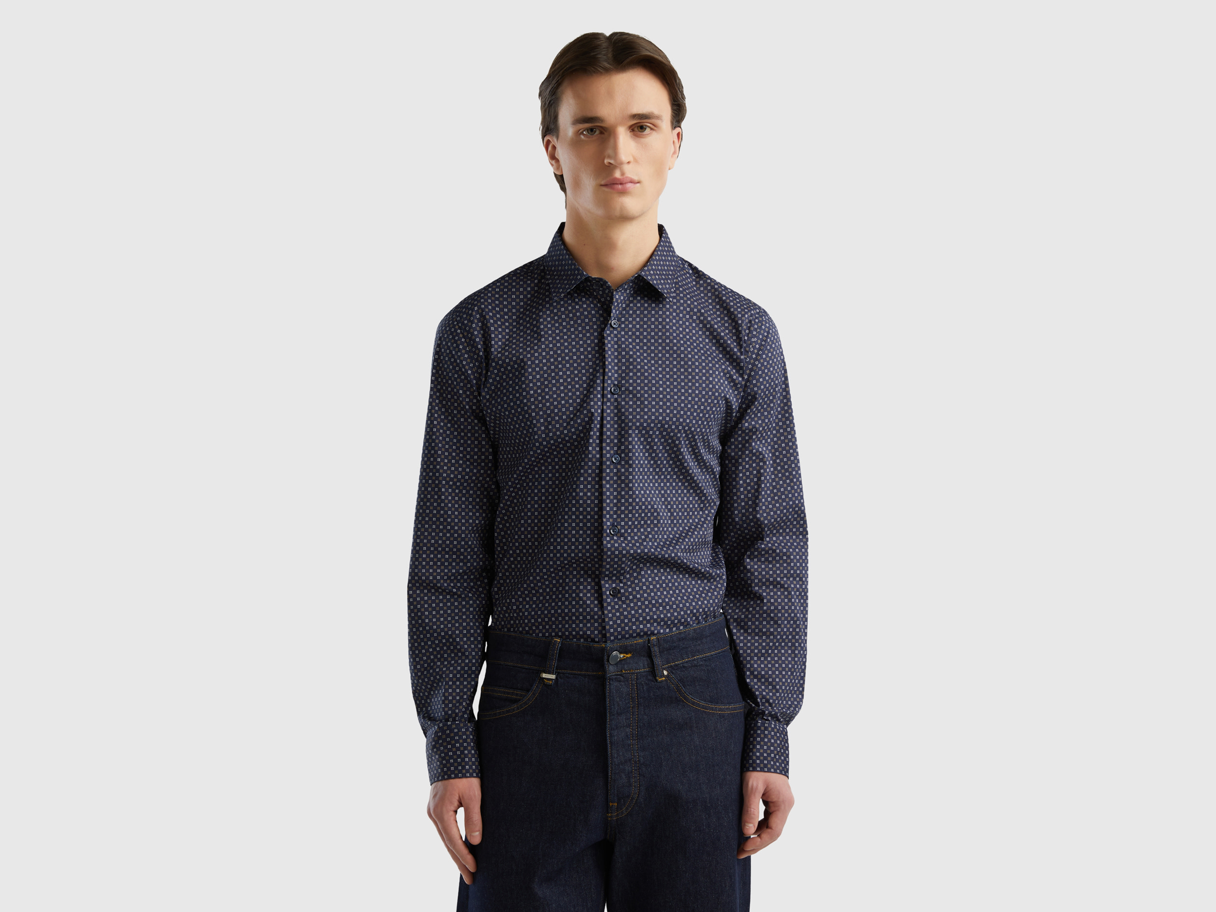 Benetton, Slim Fit Micro-patterned Shirt, size S, Dark Blue, Men