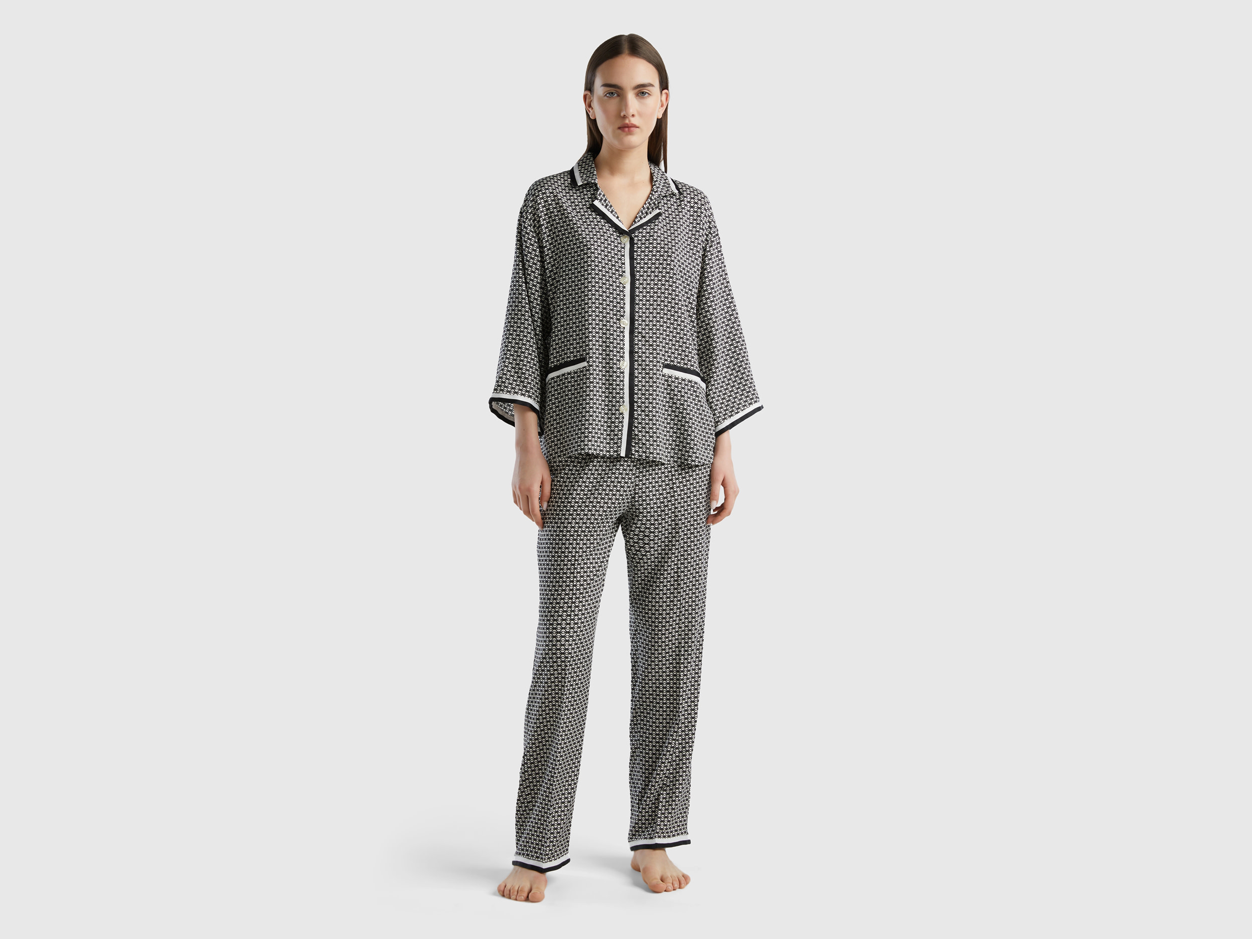 Benetton, Monogram Pyjamas In Sustainable Viscose, size M, Black, Women