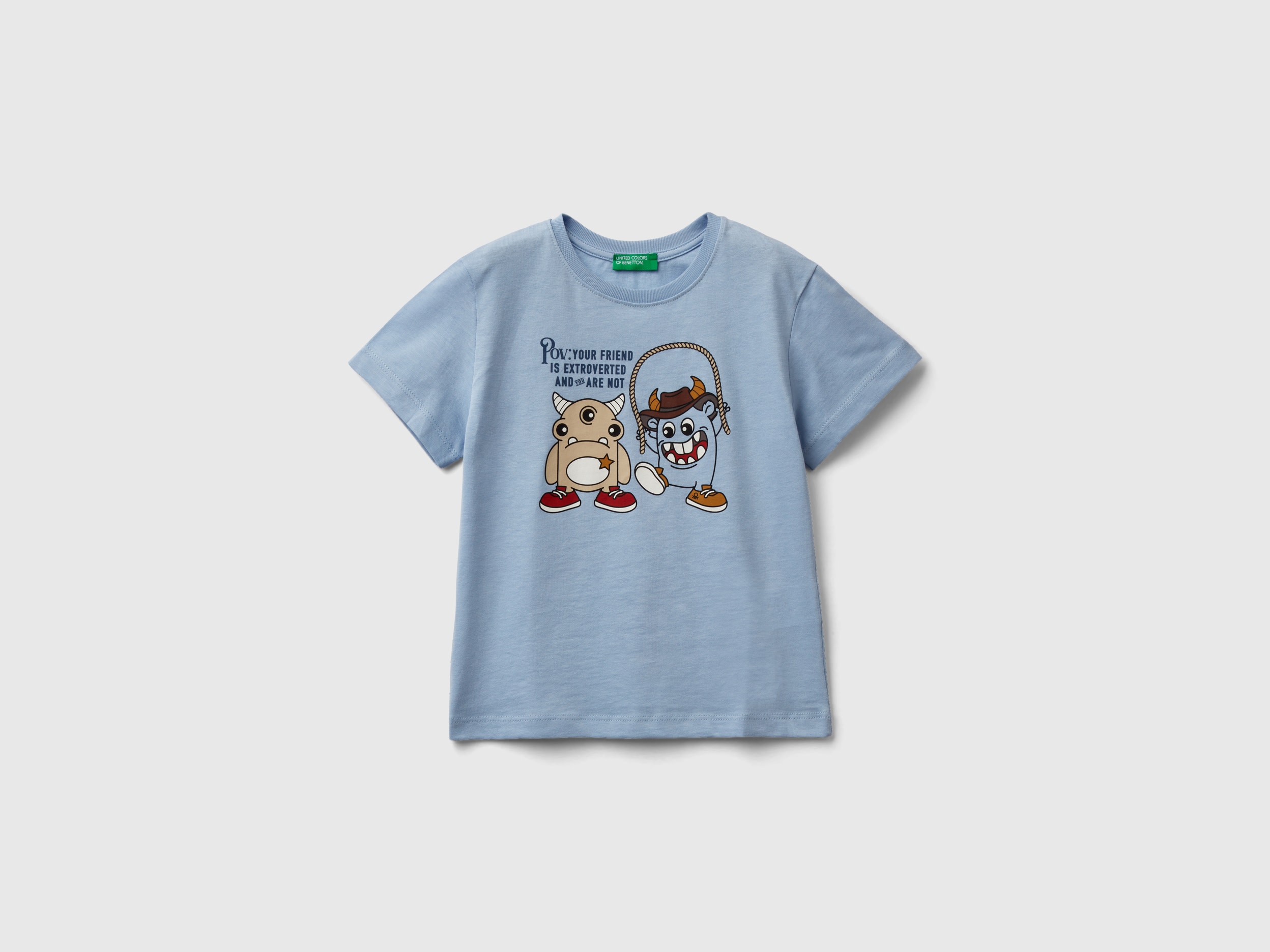 Benetton, T-shirt With Animal Print, size 4-5, Sky Blue, Kids