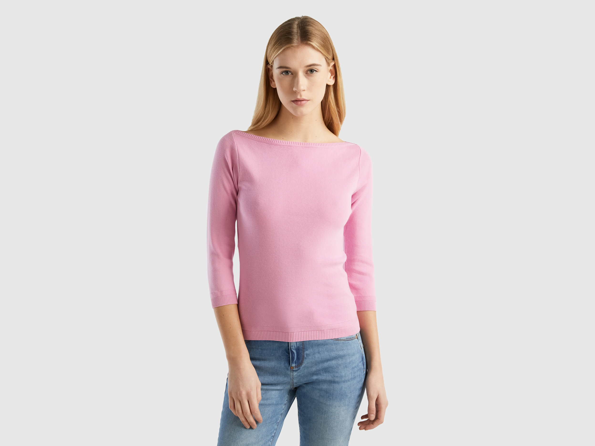 Benetton, 100% Cotton Boat Neck Sweater, size M, Pastel Pink, Women