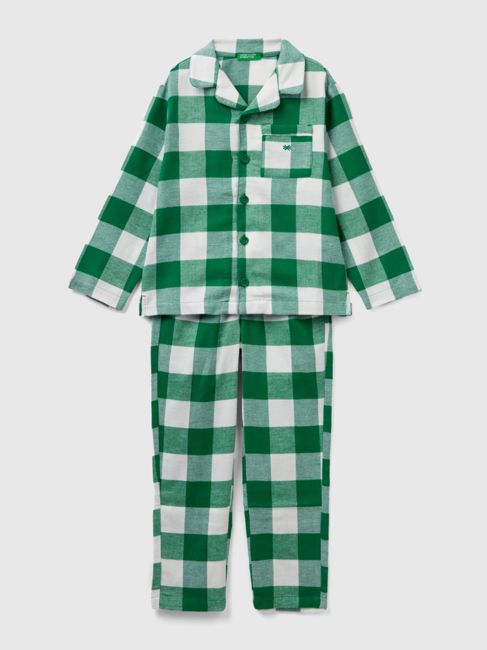 Benetton, Green And White Checked Flannel Pyjamas, Green, Kids