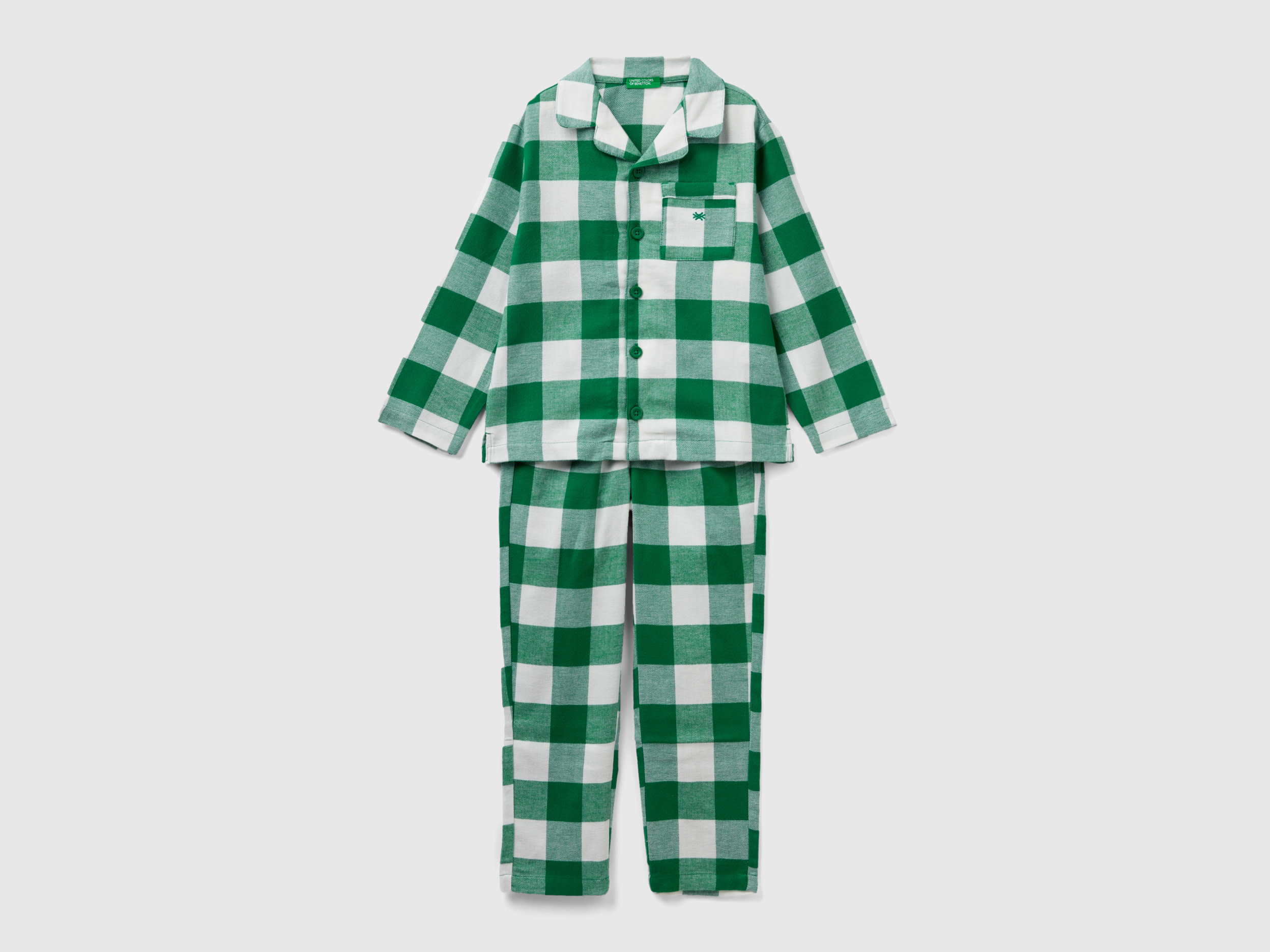 Benetton, Green And White Checked Flannel Pyjamas, size 2XL, Green, Kids