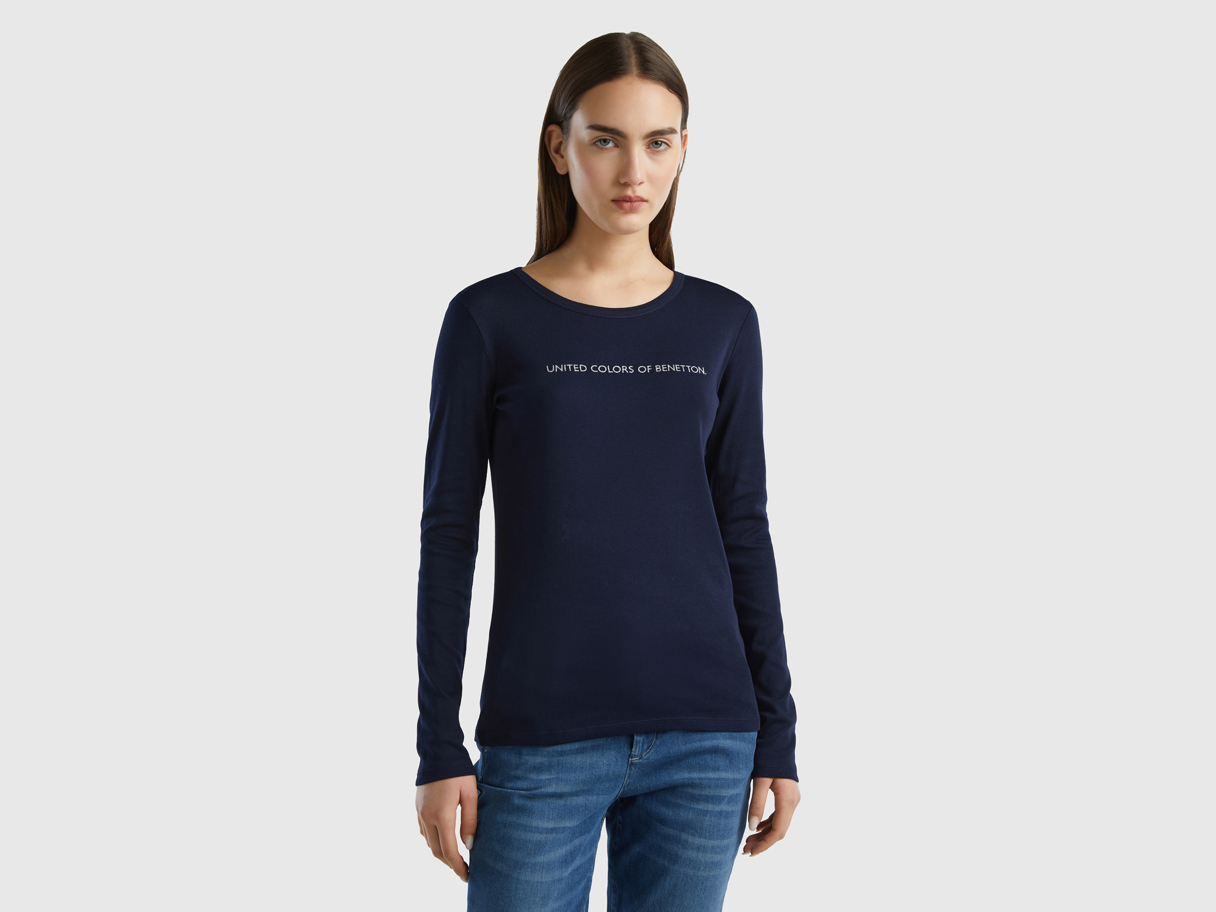 Benetton, Long Sleeve Dark Blue T-shirt In 100% Cotton, size S, Dark Blue, Women